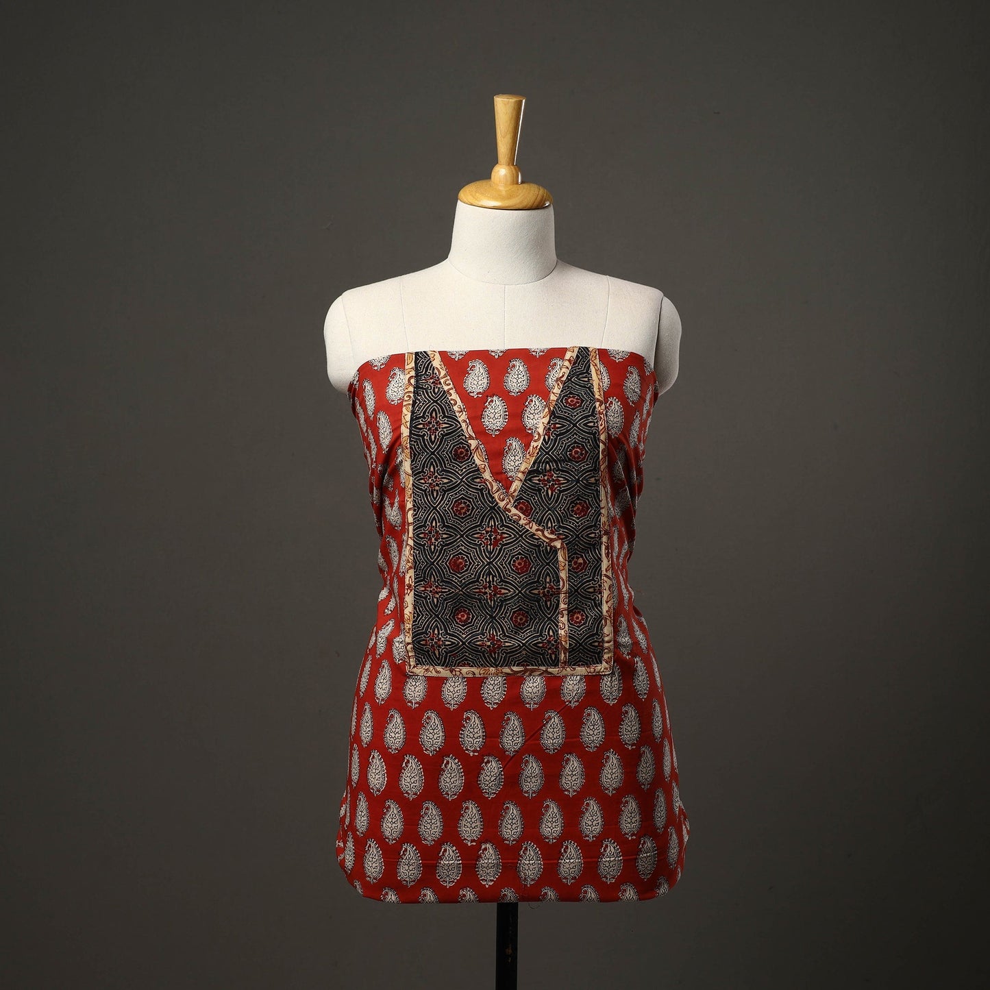 Red - bagru cotton unstitched kurta material with patchwork