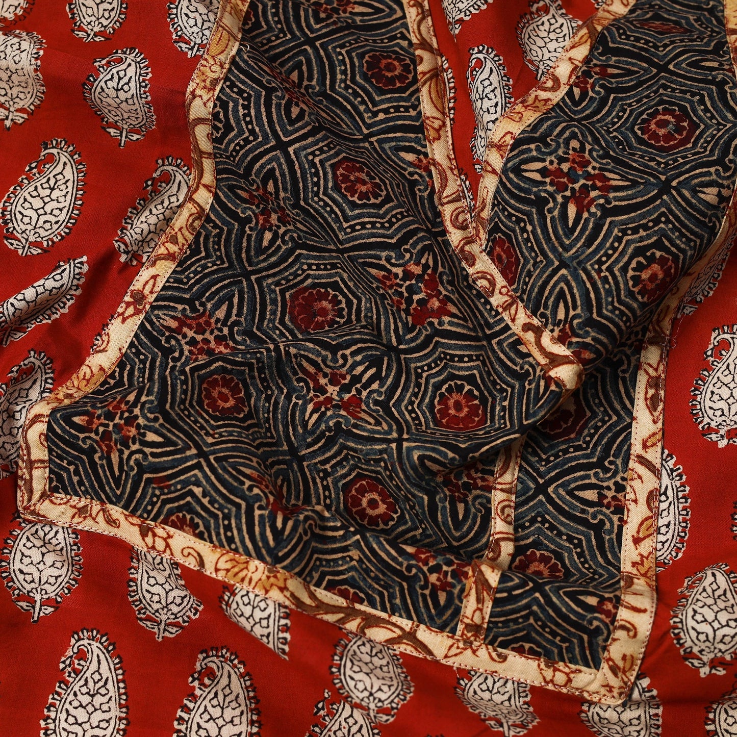 Red - bagru cotton unstitched kurta material with patchwork