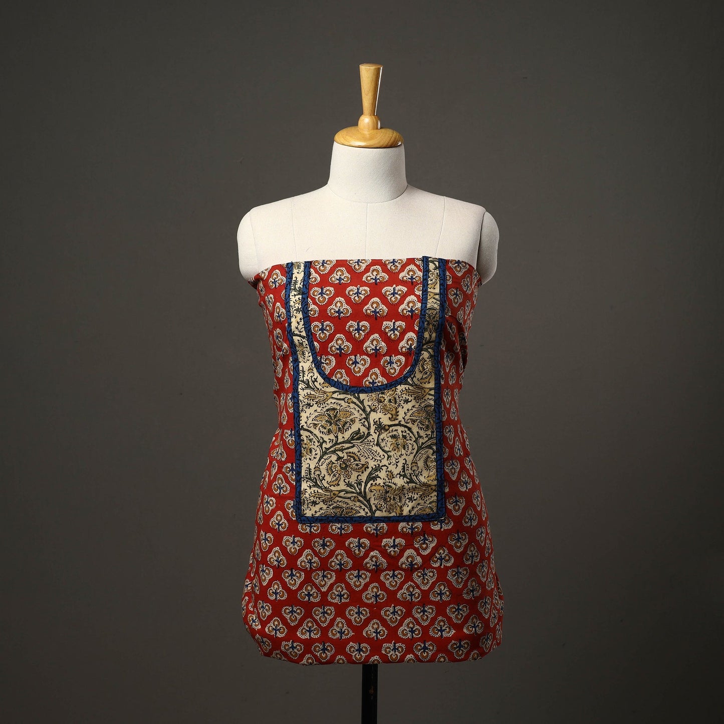 Red - bagru cotton unstitched kurta material with patchwork