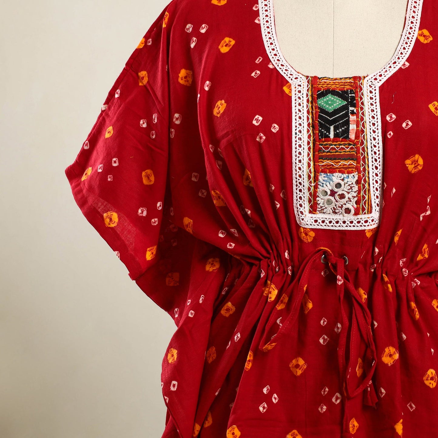 Buy Red Bandhani Cotton Kaftan with Desert Embroidery
