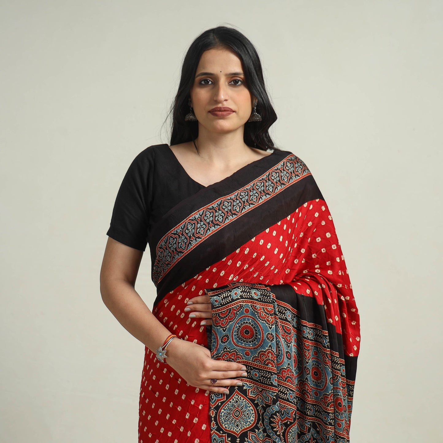 Ajrakh Bandhani Modal Silk Saree Oline in India