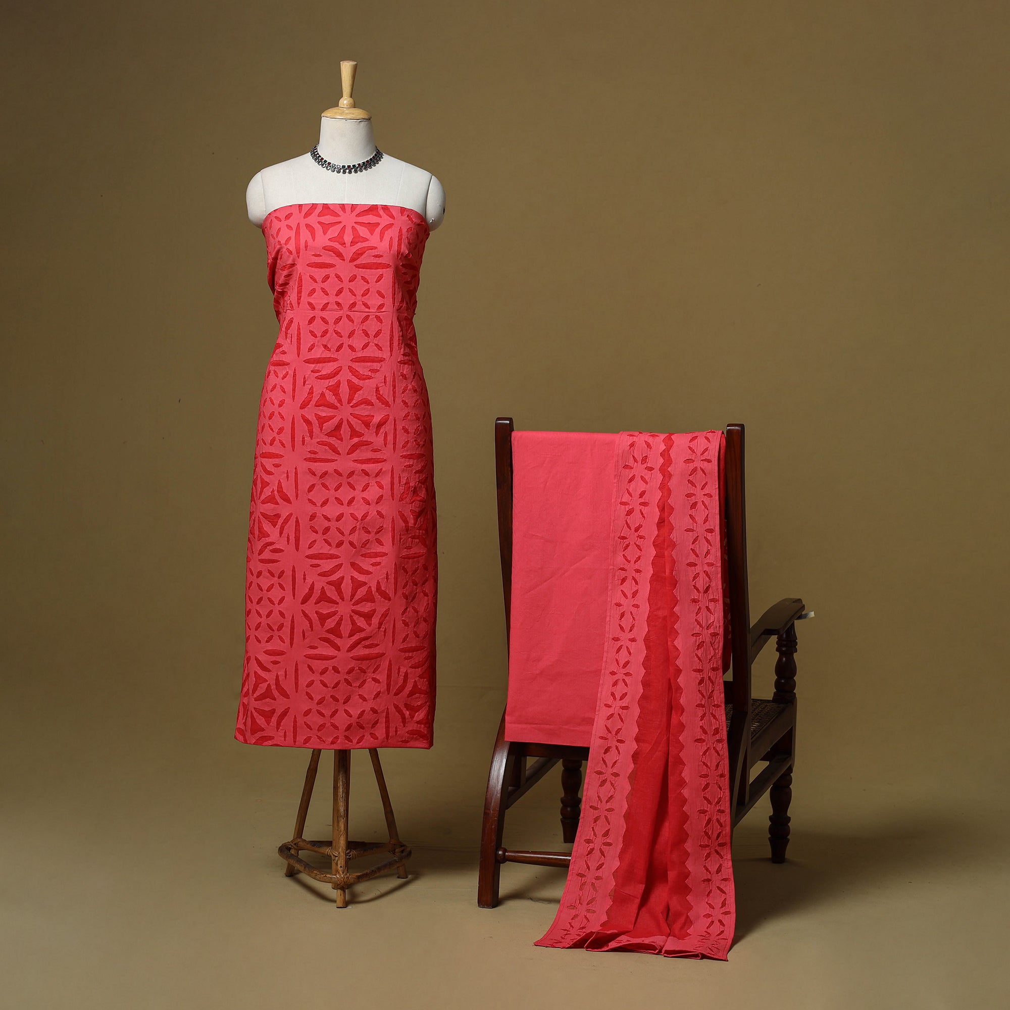 Red Barmer Applique Cut Work Cotton 3pc Unstitched Dress Material Suit Sets