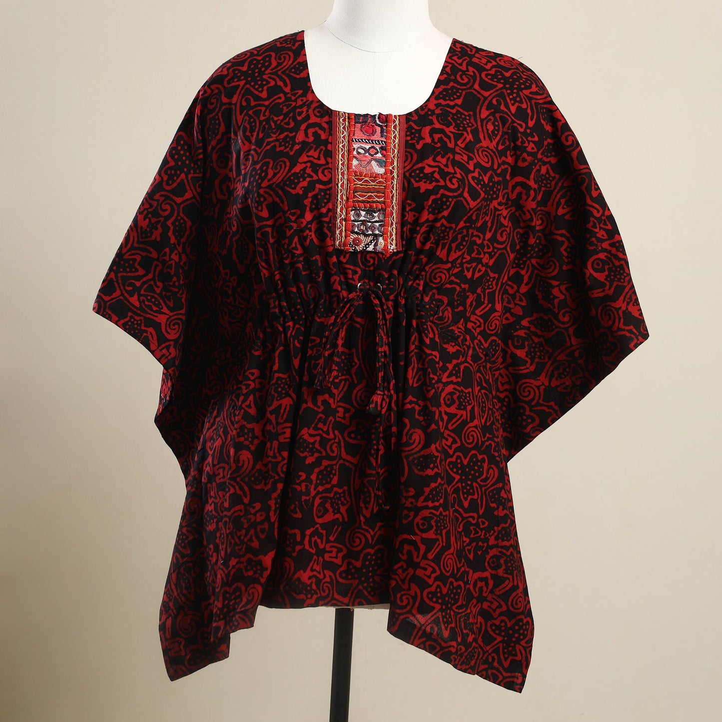 Buy Red Batik Cotton Kaftan with Desert Embroidery