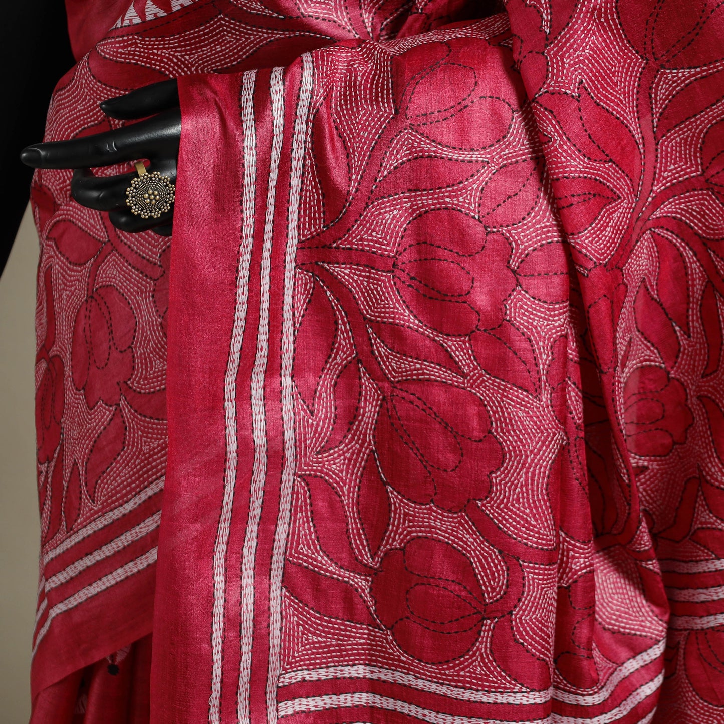 Red - bengal hand embroidery tussar silk handloom kantha