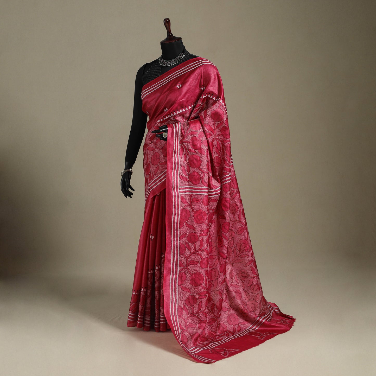 Red - bengal hand embroidery tussar silk handloom kantha