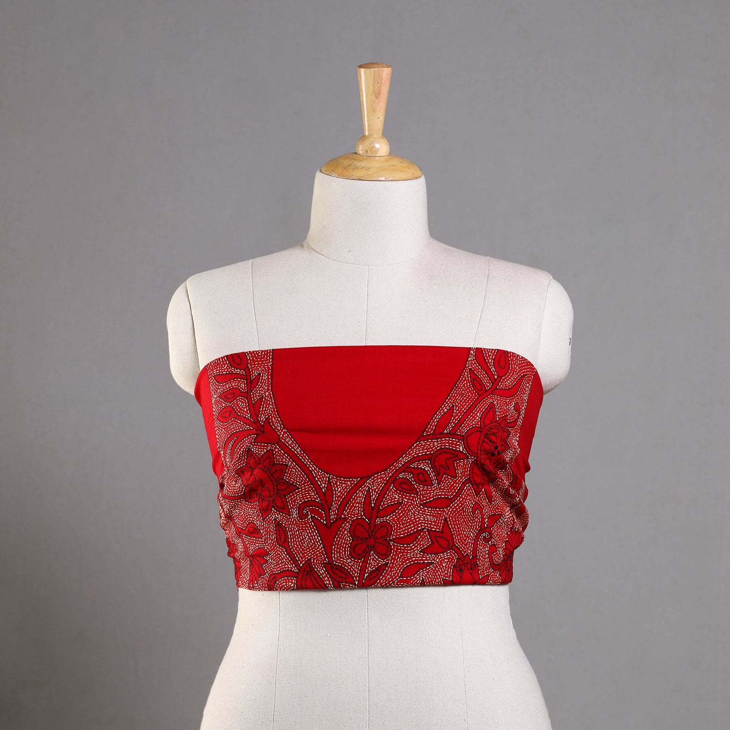 Red Hand Embroidered Kantha Work Blouse Piece