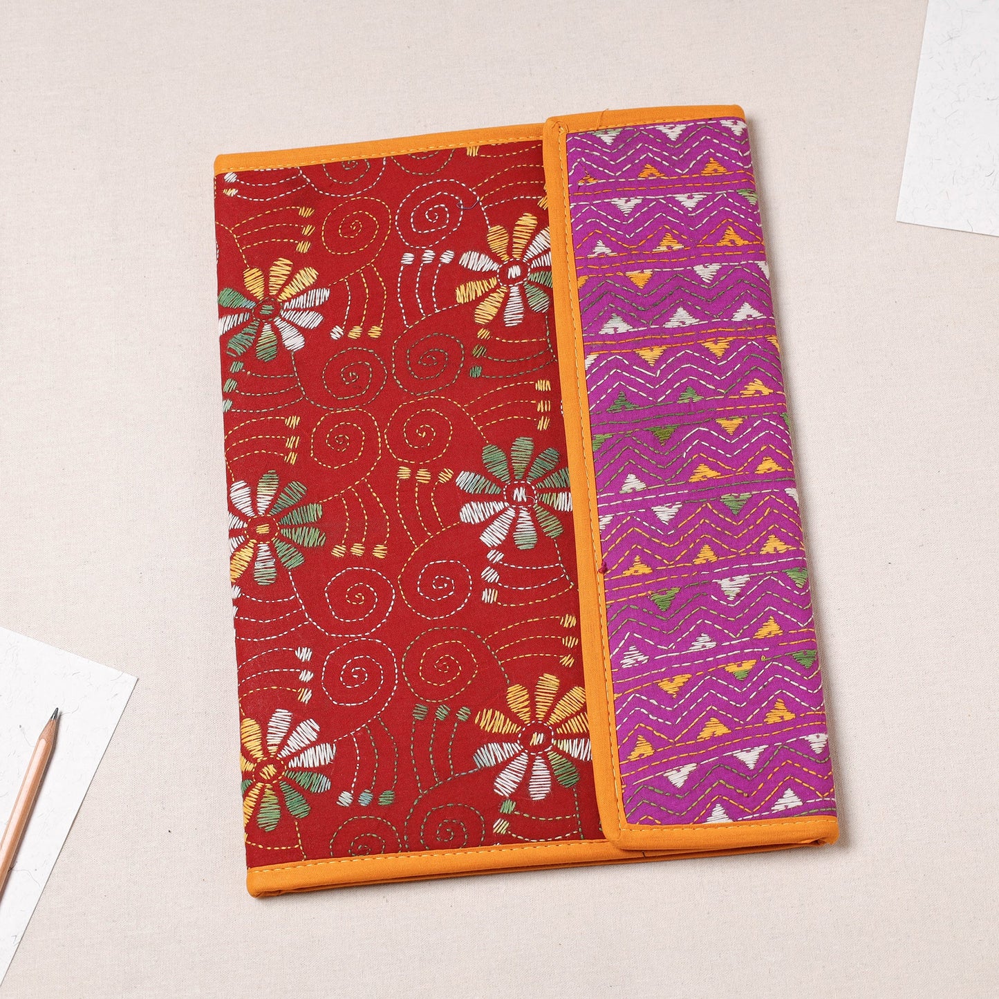 Red Bengal Kantha Work Handcrafted File Folder