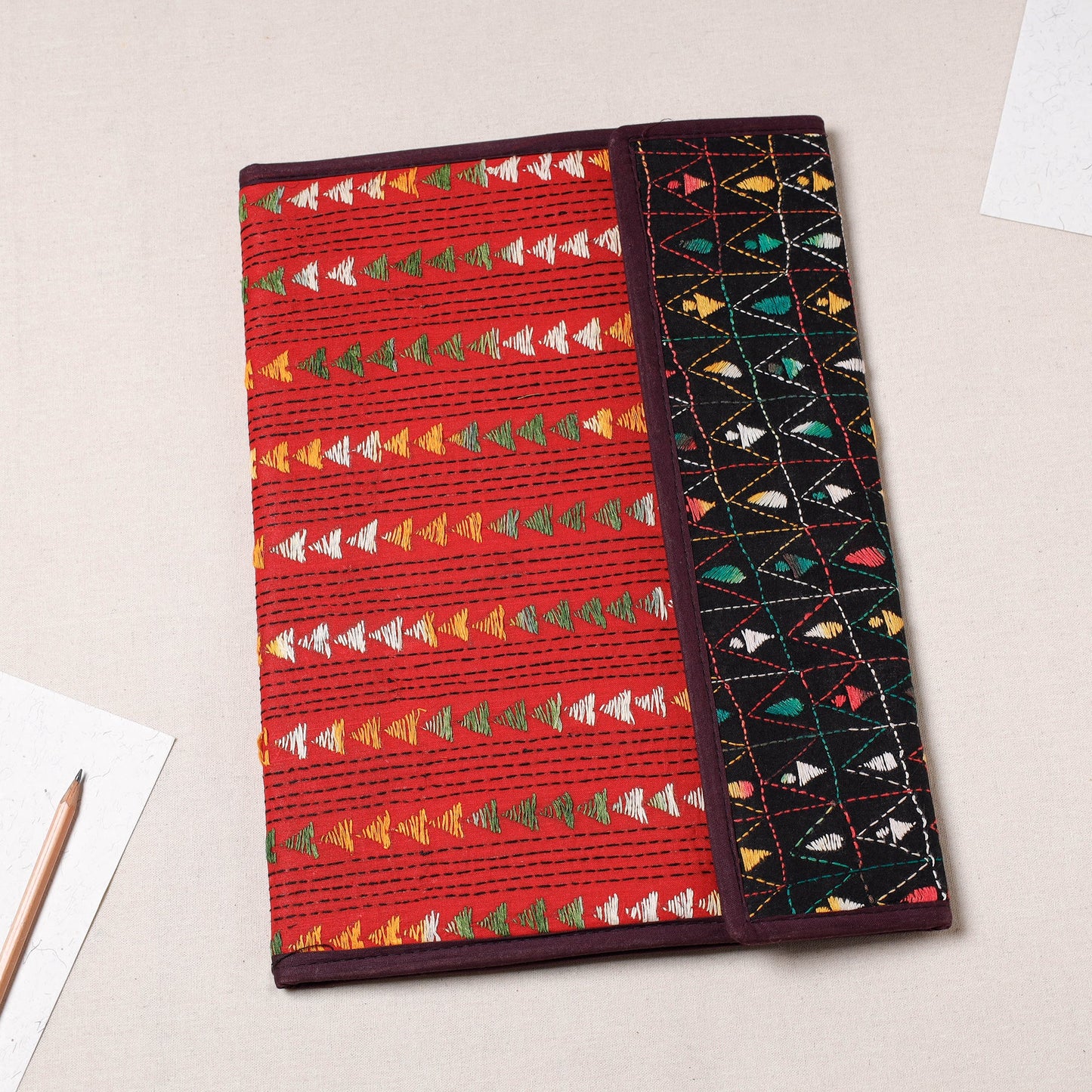 Red Bengal Kantha Work Handcrafted File Folder