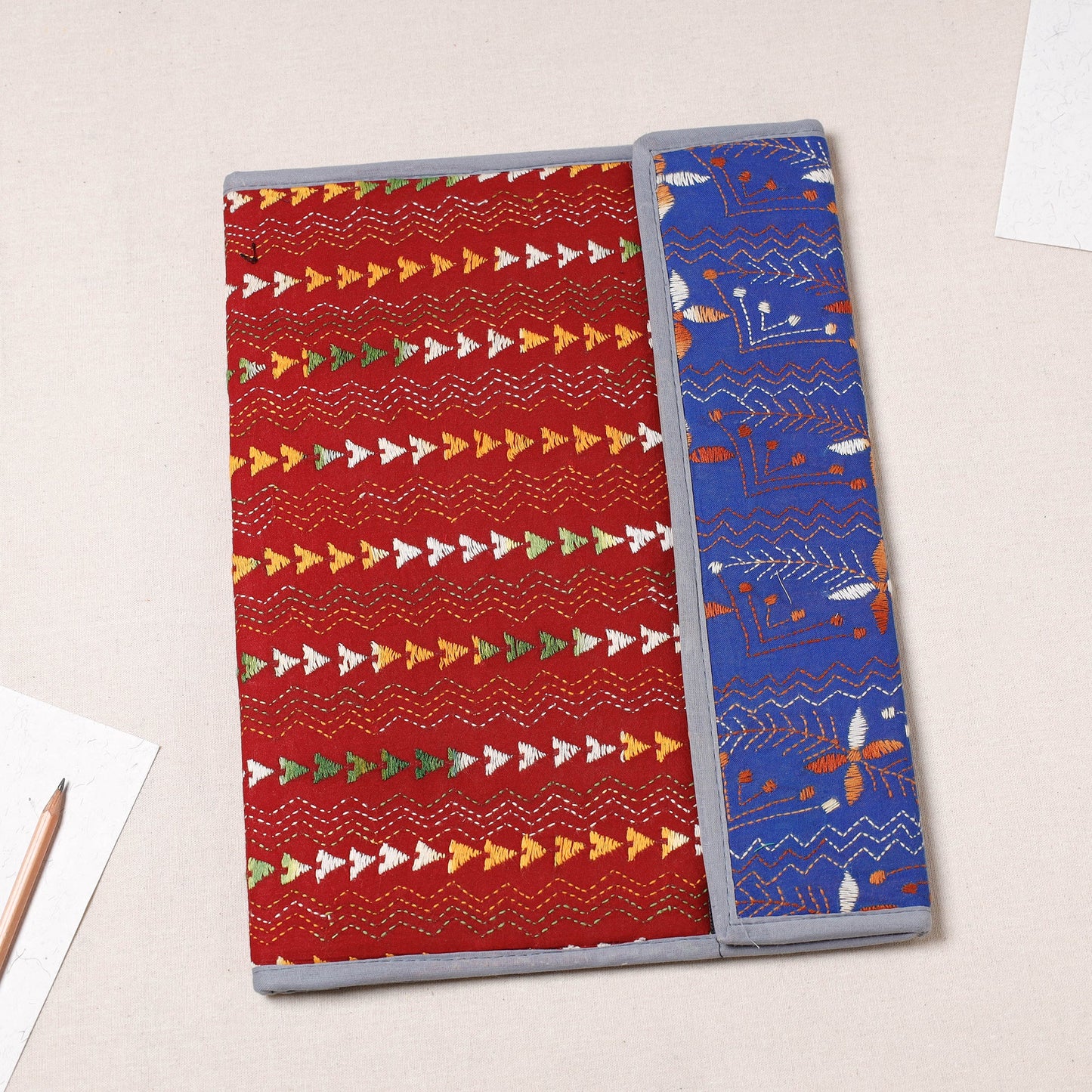 Red Bengal Kantha Work Handcrafted File Folder