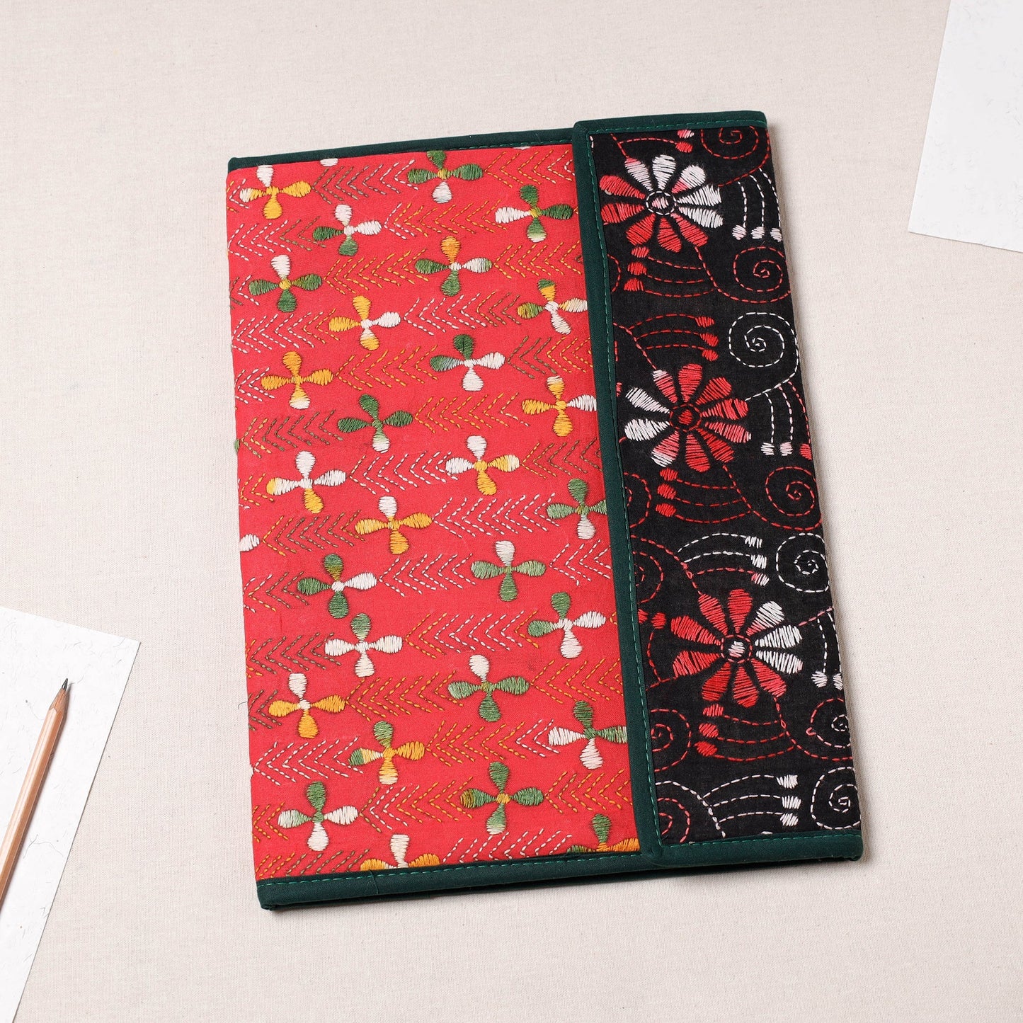 Red Bengal Kantha Work Handcrafted File Folder
