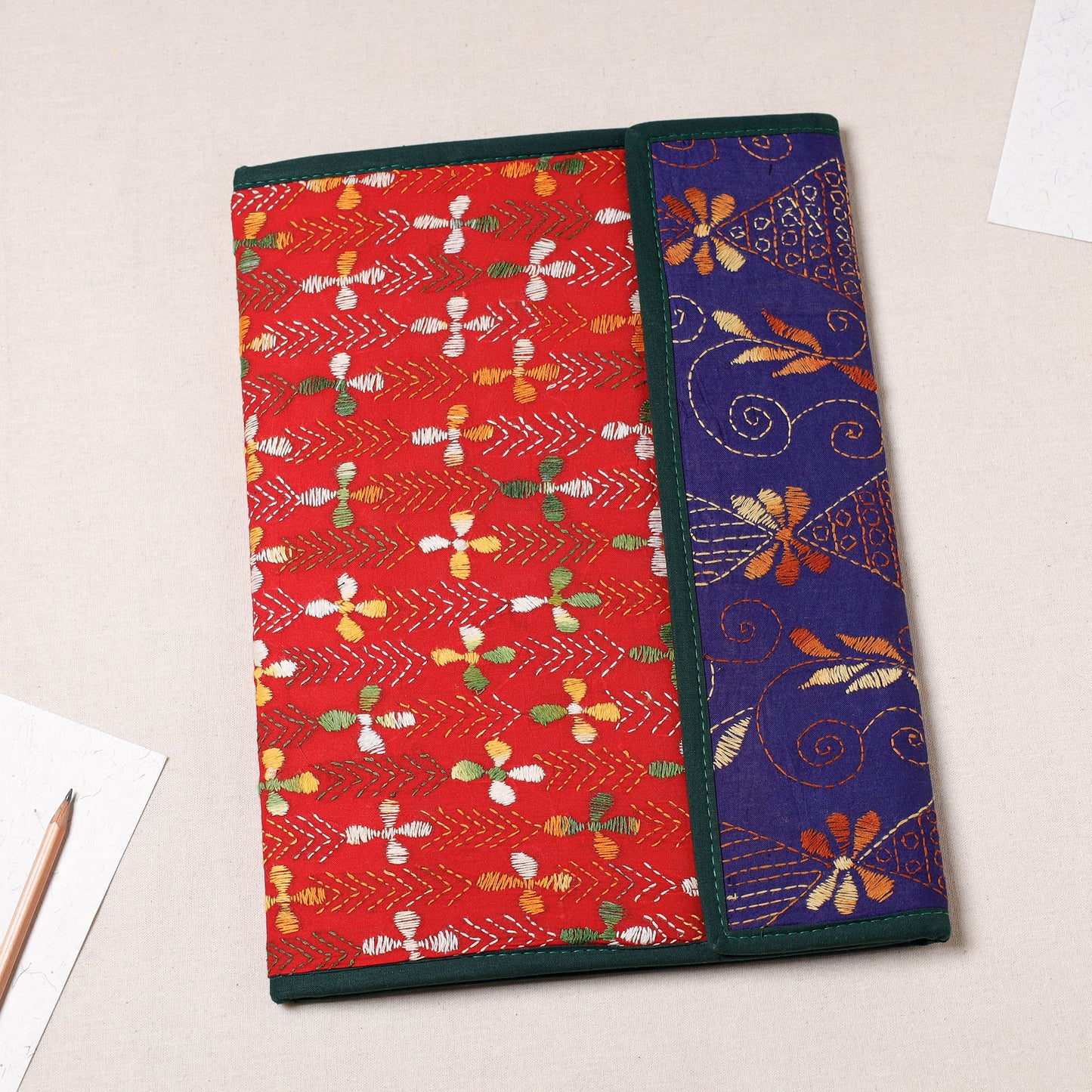 Red Bengal Kantha Work Handcrafted File Folder