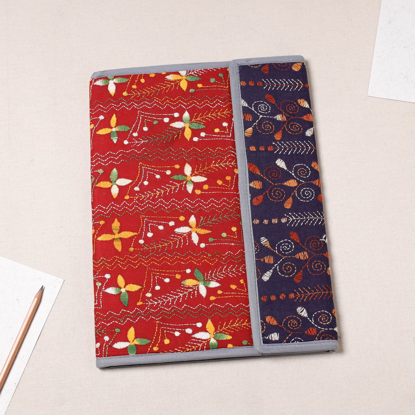 Red Bengal Kantha Work Handcrafted File Folder