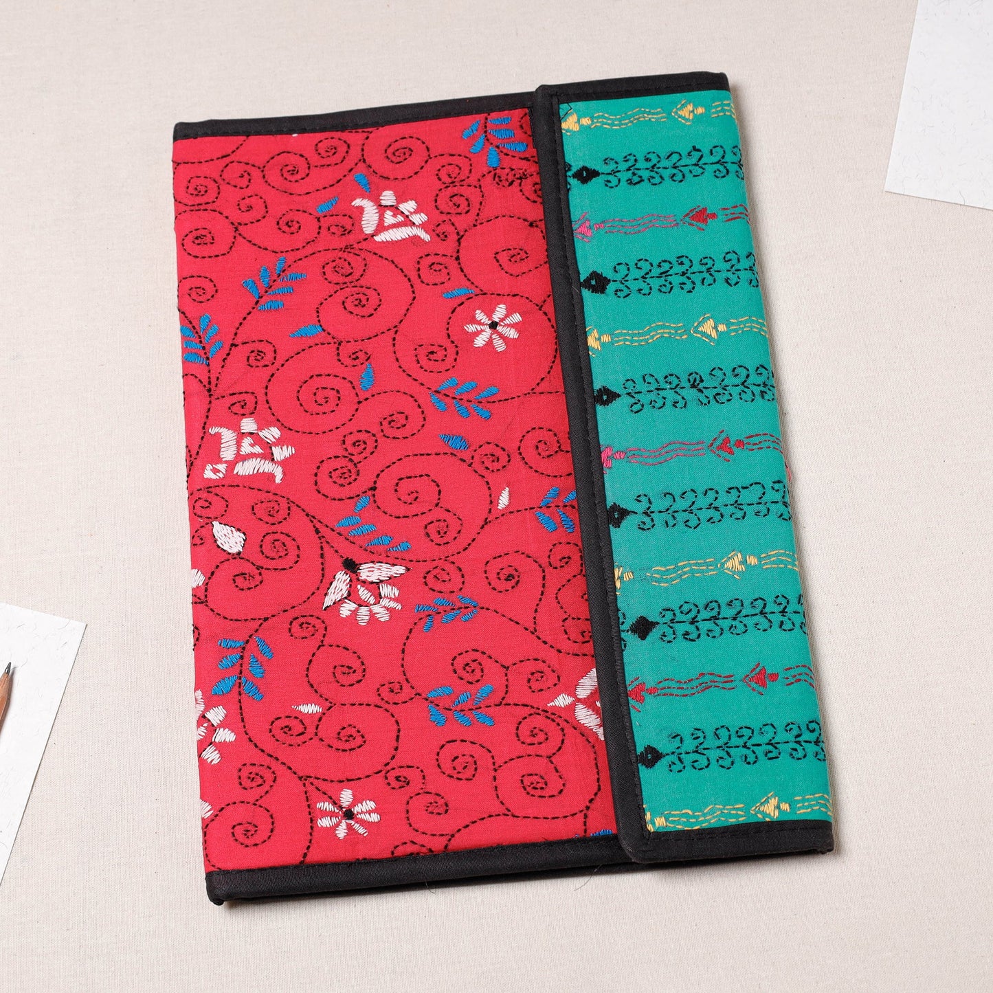 Red Bengal Kantha Work Handcrafted File Folder