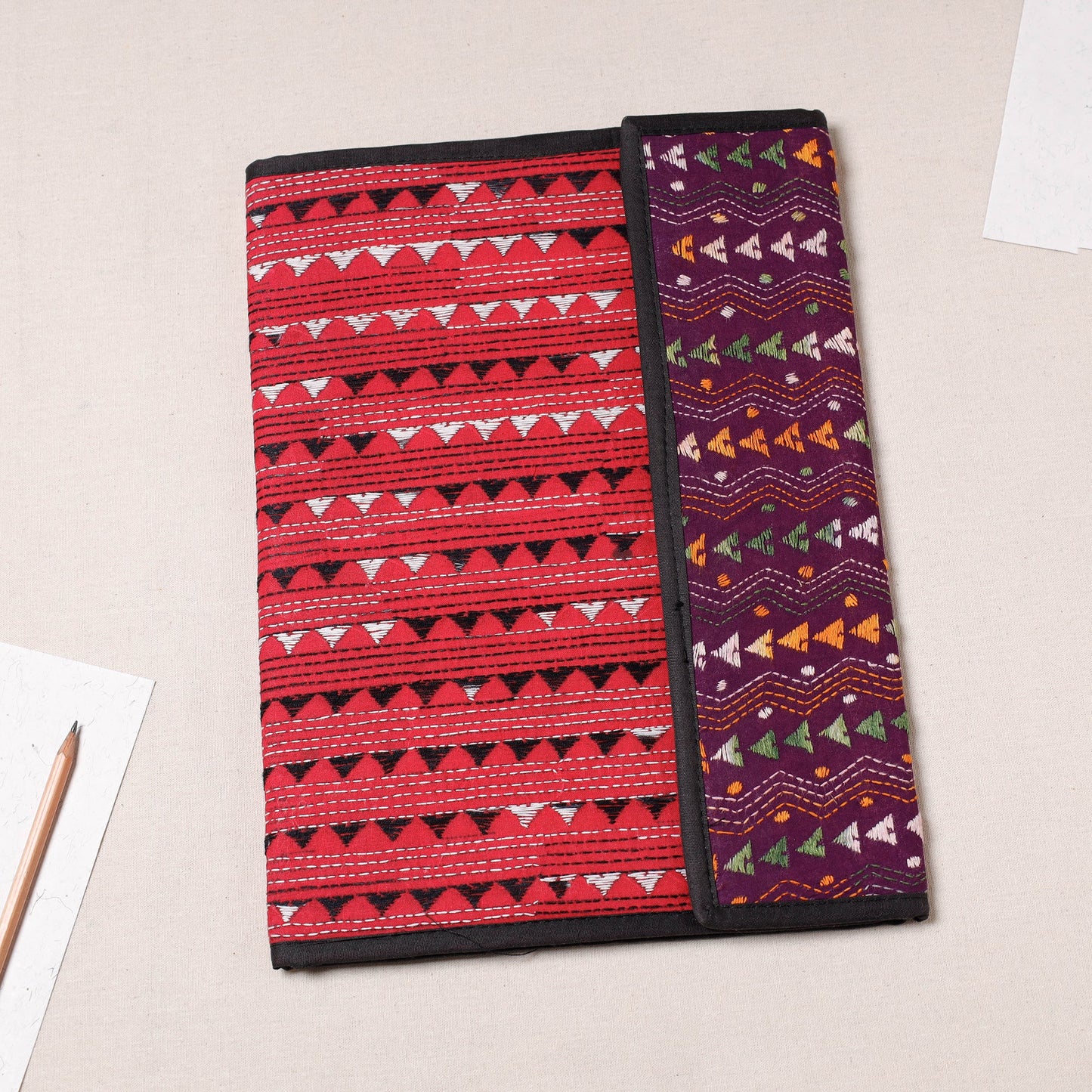 Red Bengal Kantha Work Handcrafted File Folder