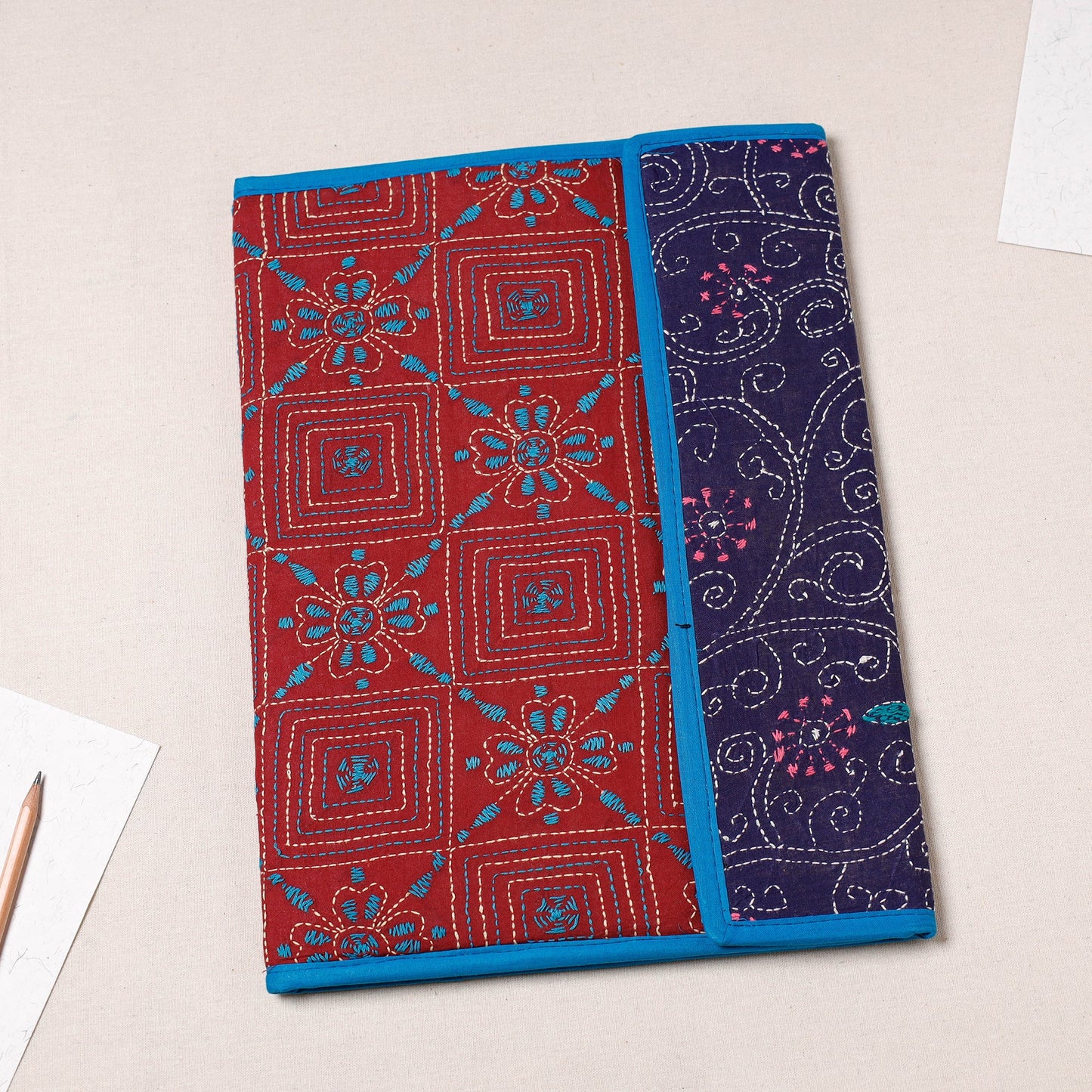 Red Bengal Kantha Work Handcrafted File Folder