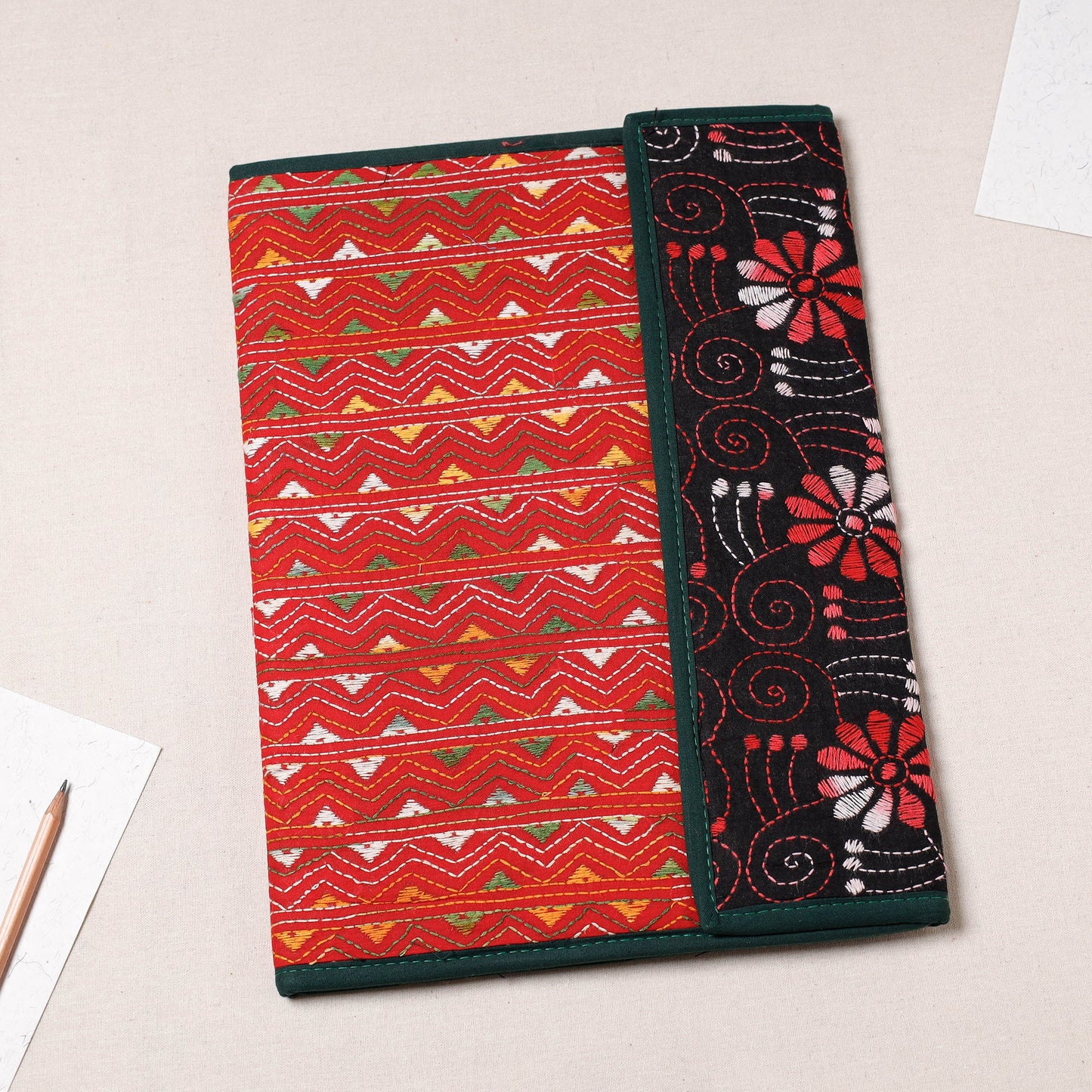 Red Bengal Kantha Work Handcrafted File Folder