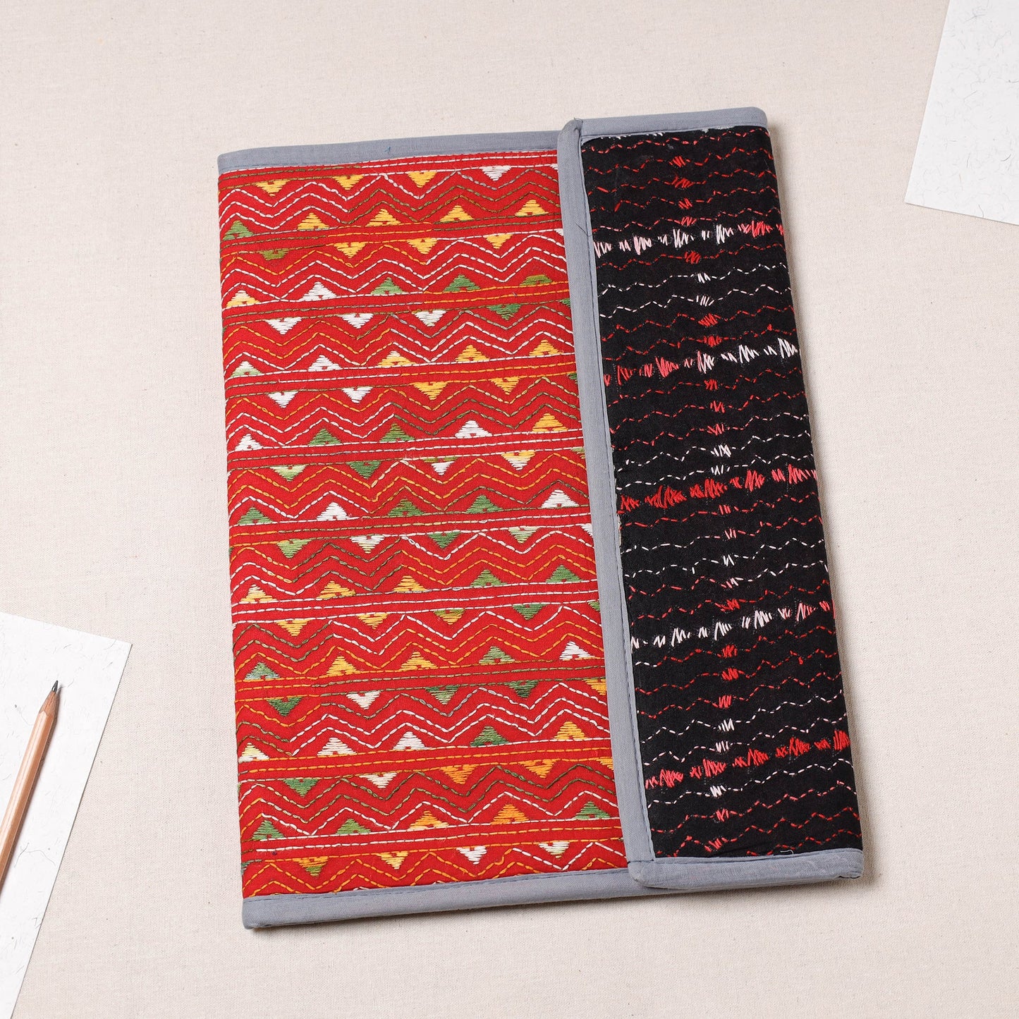 Red Bengal Kantha Work Handcrafted File Folder