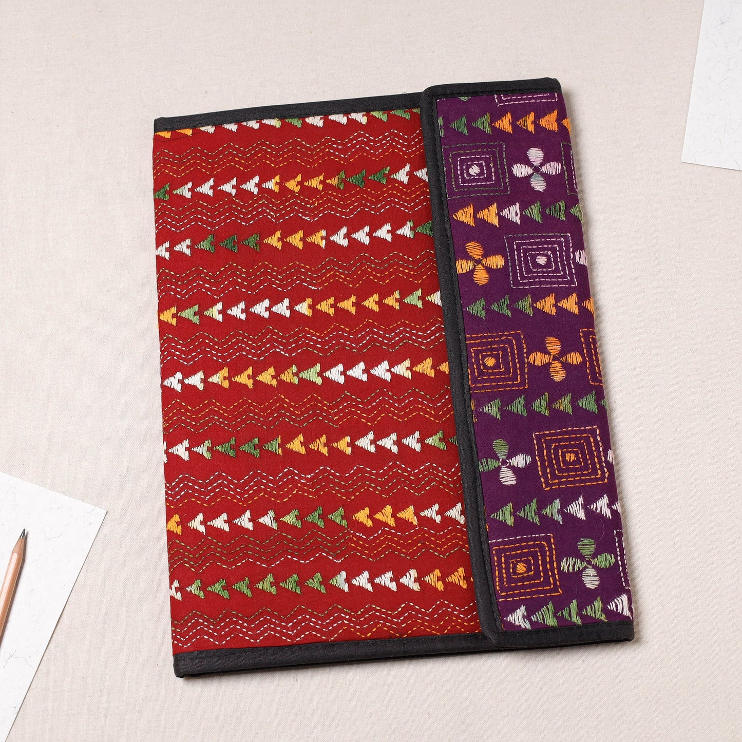 Red Bengal Kantha Work Handcrafted File Folder