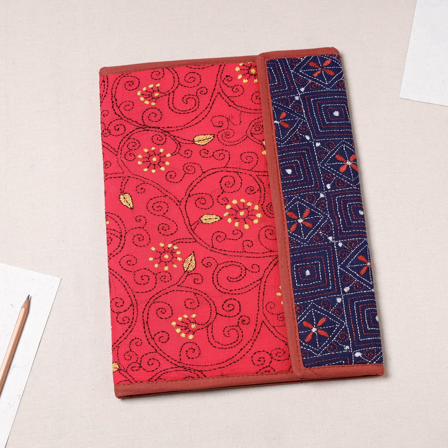 Red Bengal Kantha Work Handcrafted File Folder
