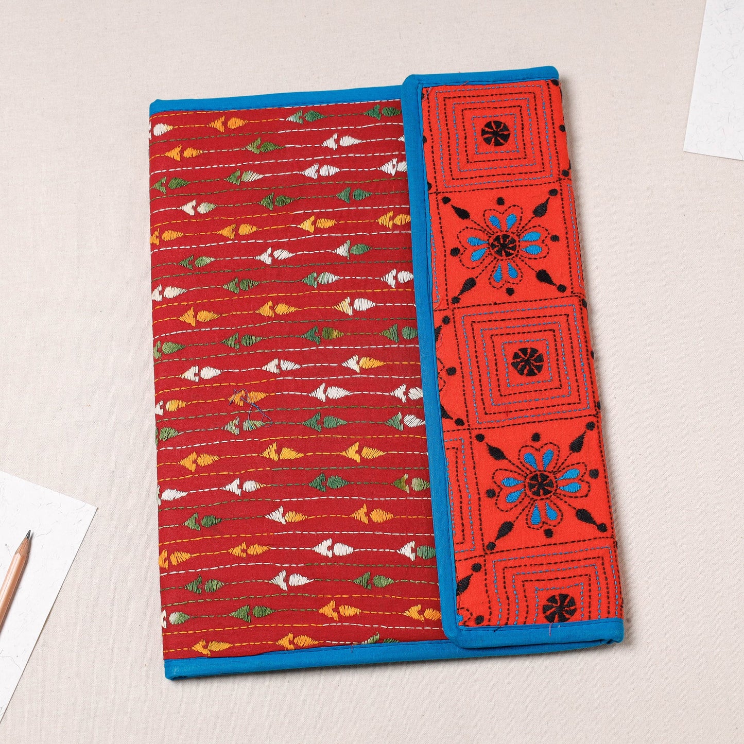 Red Bengal Kantha Work Handcrafted File Folder