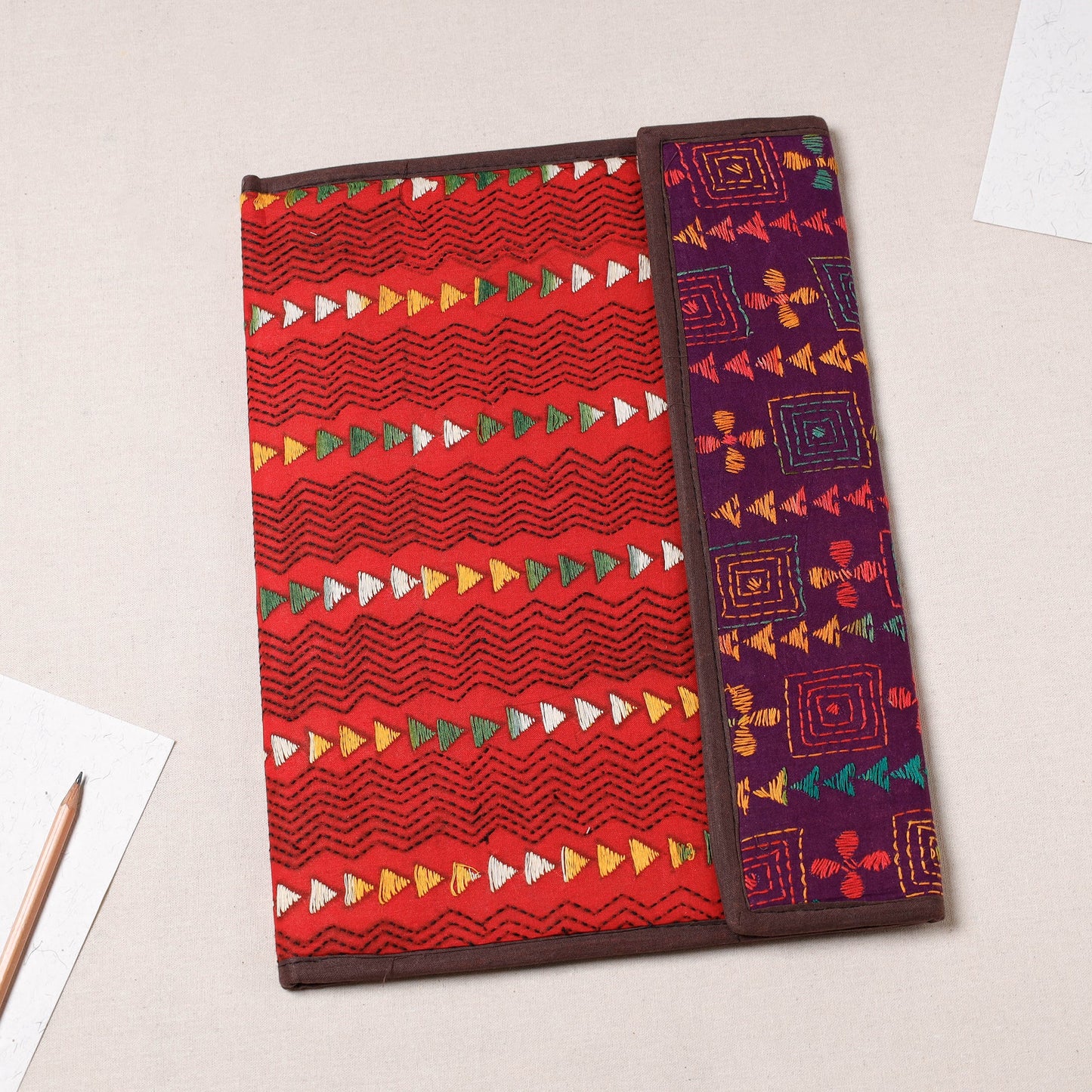 Red Bengal Kantha Work Handcrafted File Folder
