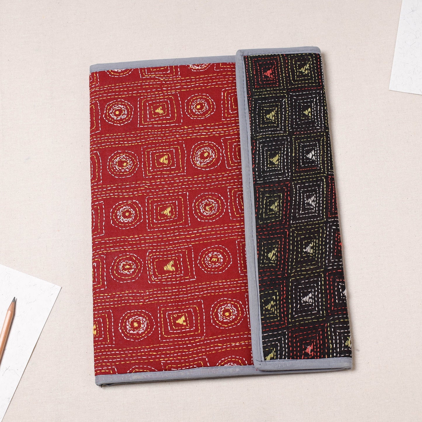 Red Bengal Kantha Work Handcrafted File Folder