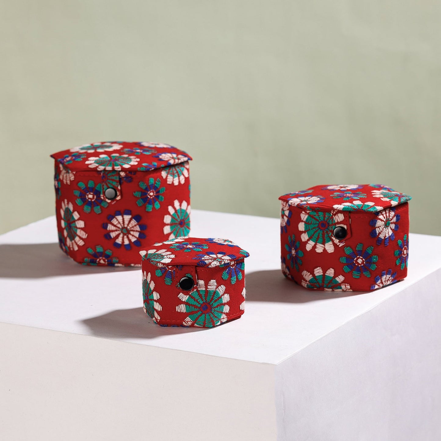 Bengal Kantha Work Handcrafted Hexagon Jewelry Box (Set of 3)