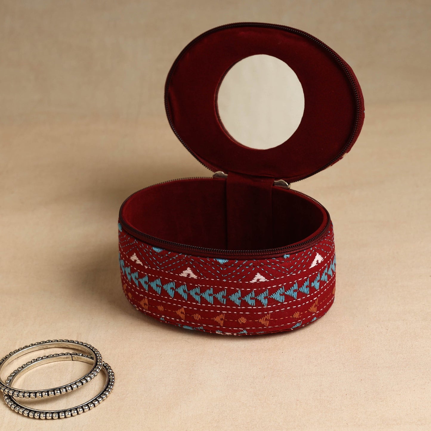 Red Bengal Kantha Work Handcrafted Oval Jewelry Box with Mirror 14
