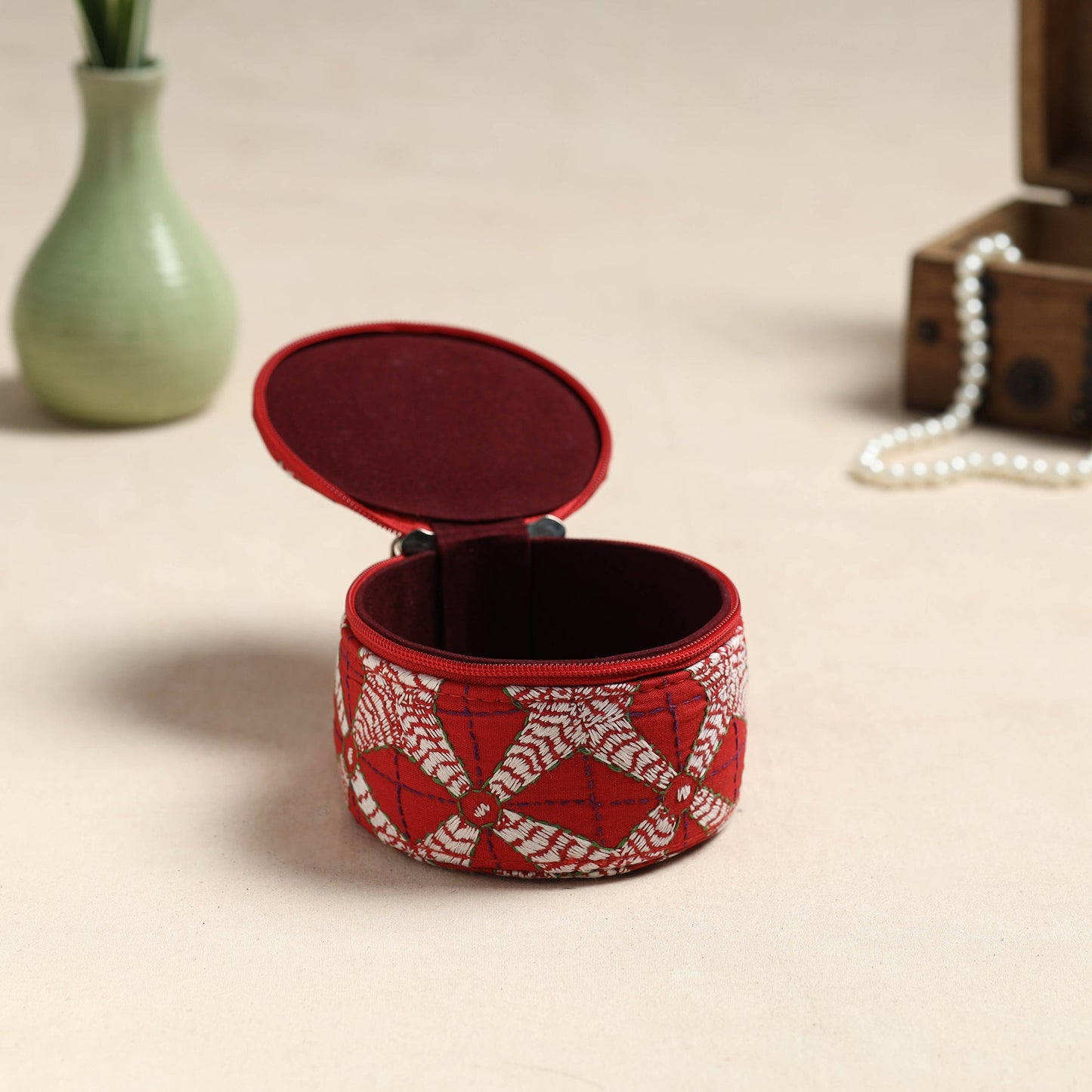 Bengal Kantha Work Handcrafted Round Red Utility Box
