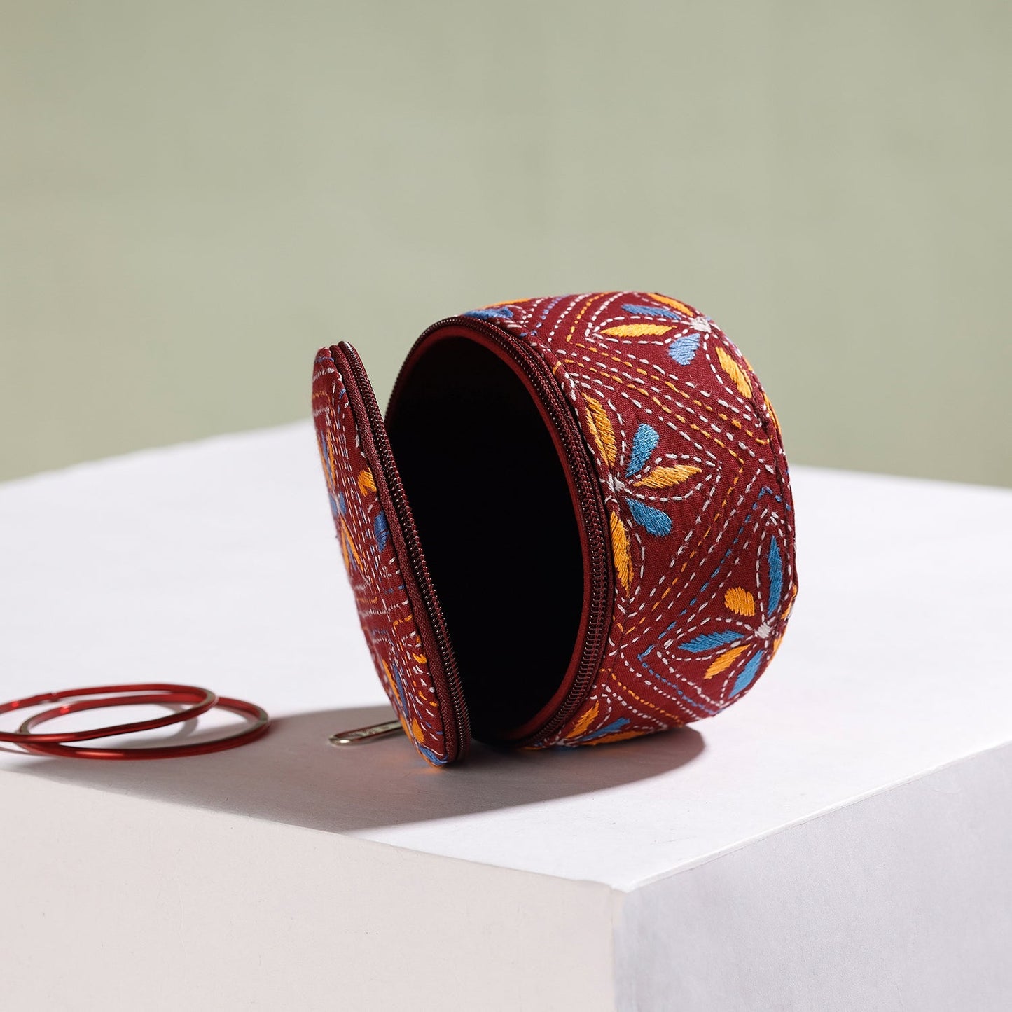 Red Bengal Kantha Work Handcrafted Round Utility Box