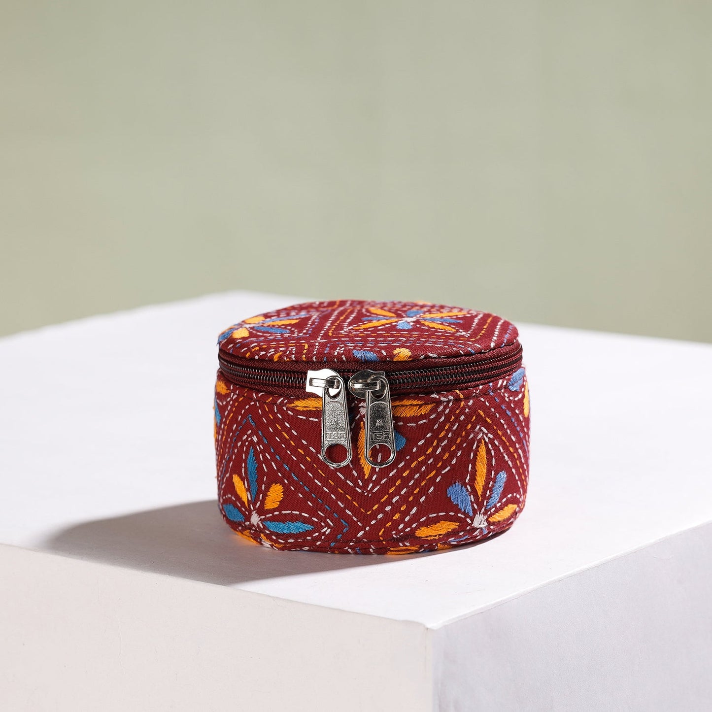 Red Bengal Kantha Work Handcrafted Round Utility Box