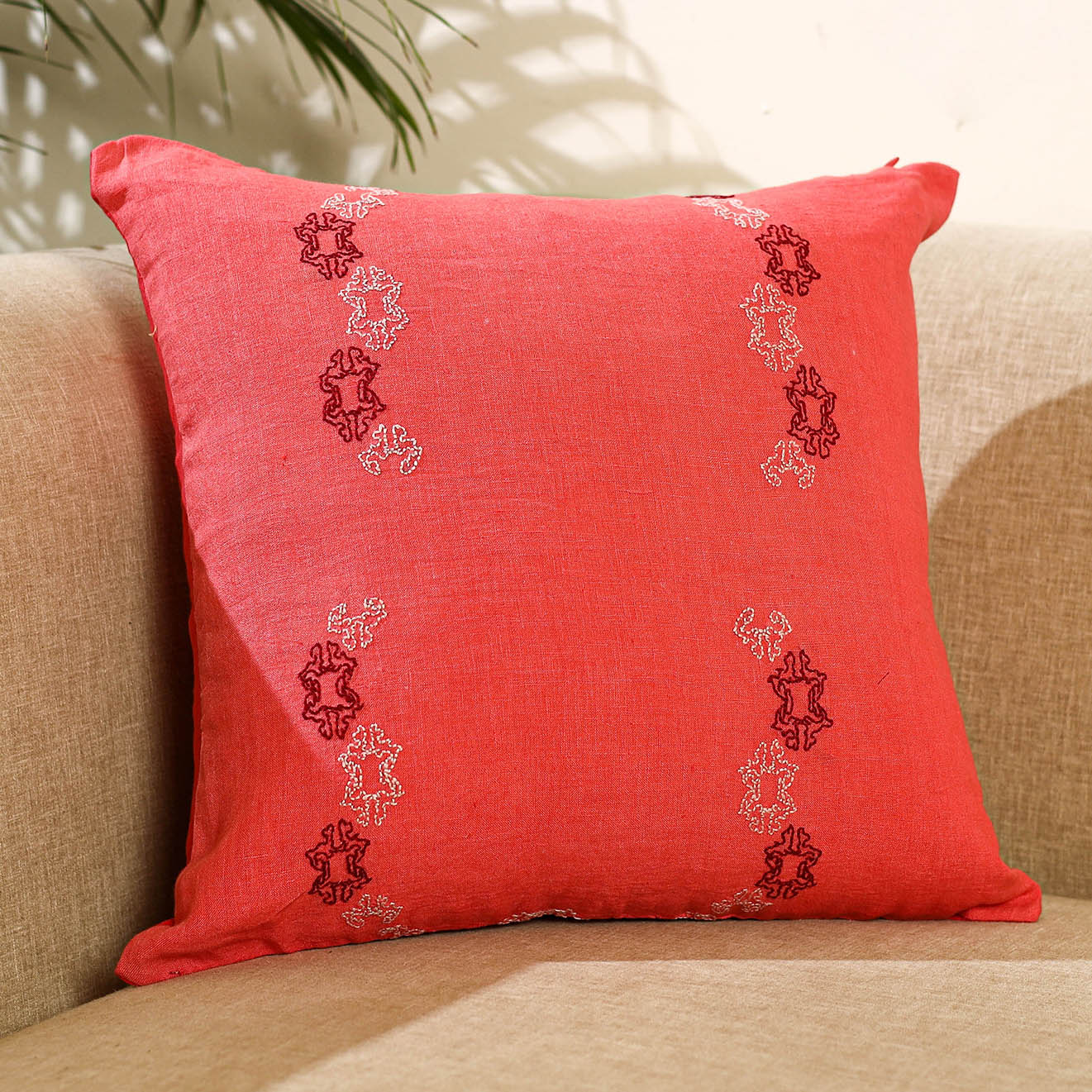Buy Red Bengal Kantha Work Reversible Silk Cushion Cover