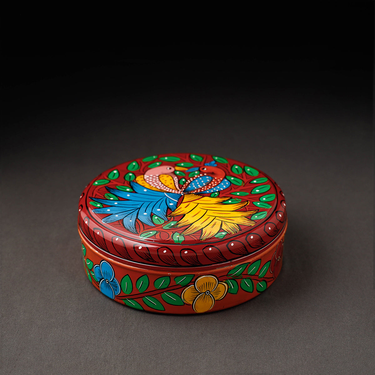 Bengal Patua Handpainted Stainless Steel Maroon Masala Box