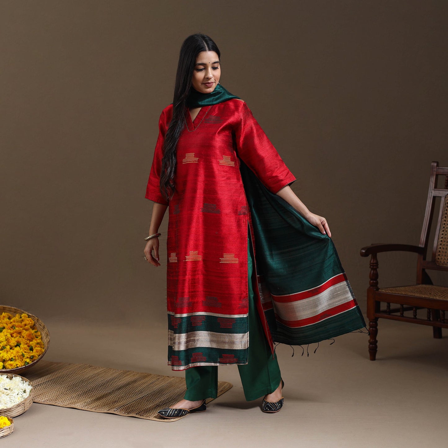 Red Bhagalpuri Handloom Tussar Silk Suit Set