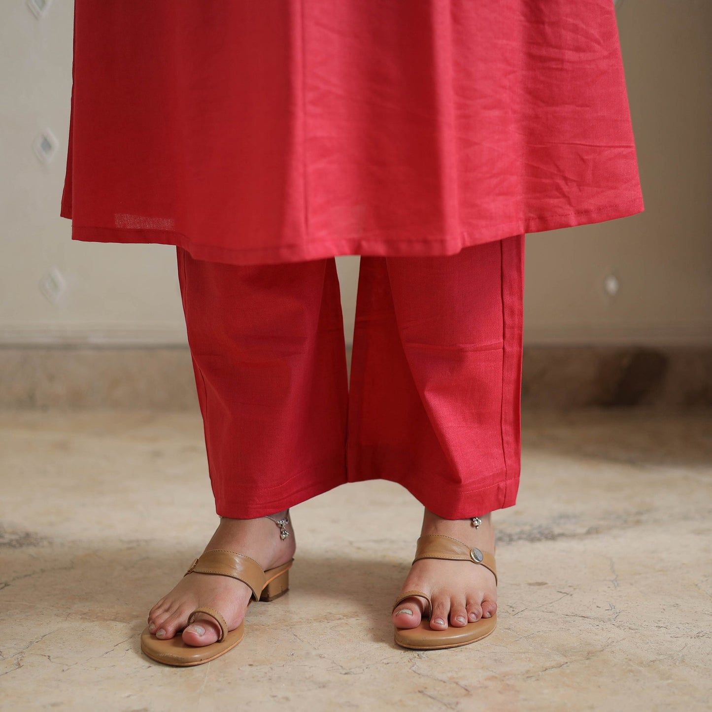 Red Tussar Dupion Silk Handloom Plain Kurta Set