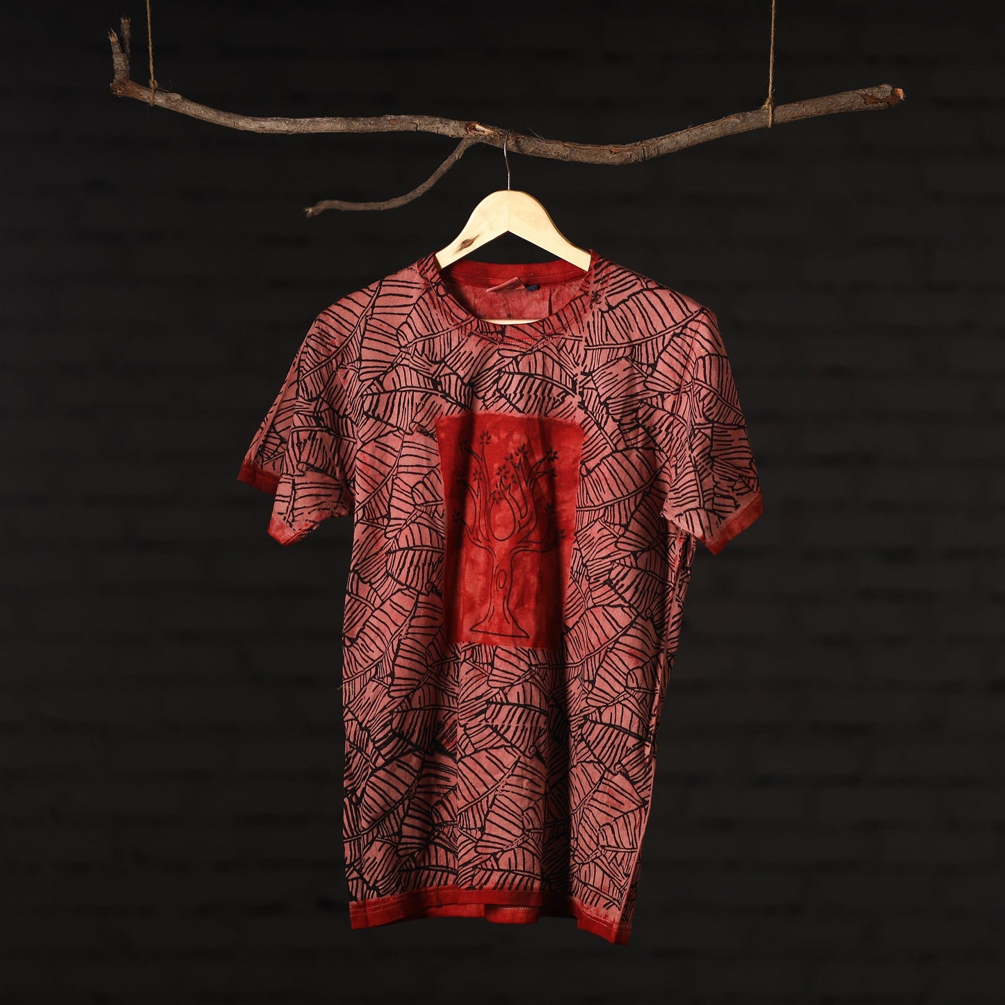 Bindaas Natural Dyed Art Block Print Round Neck T-shirt in Pure Cotton