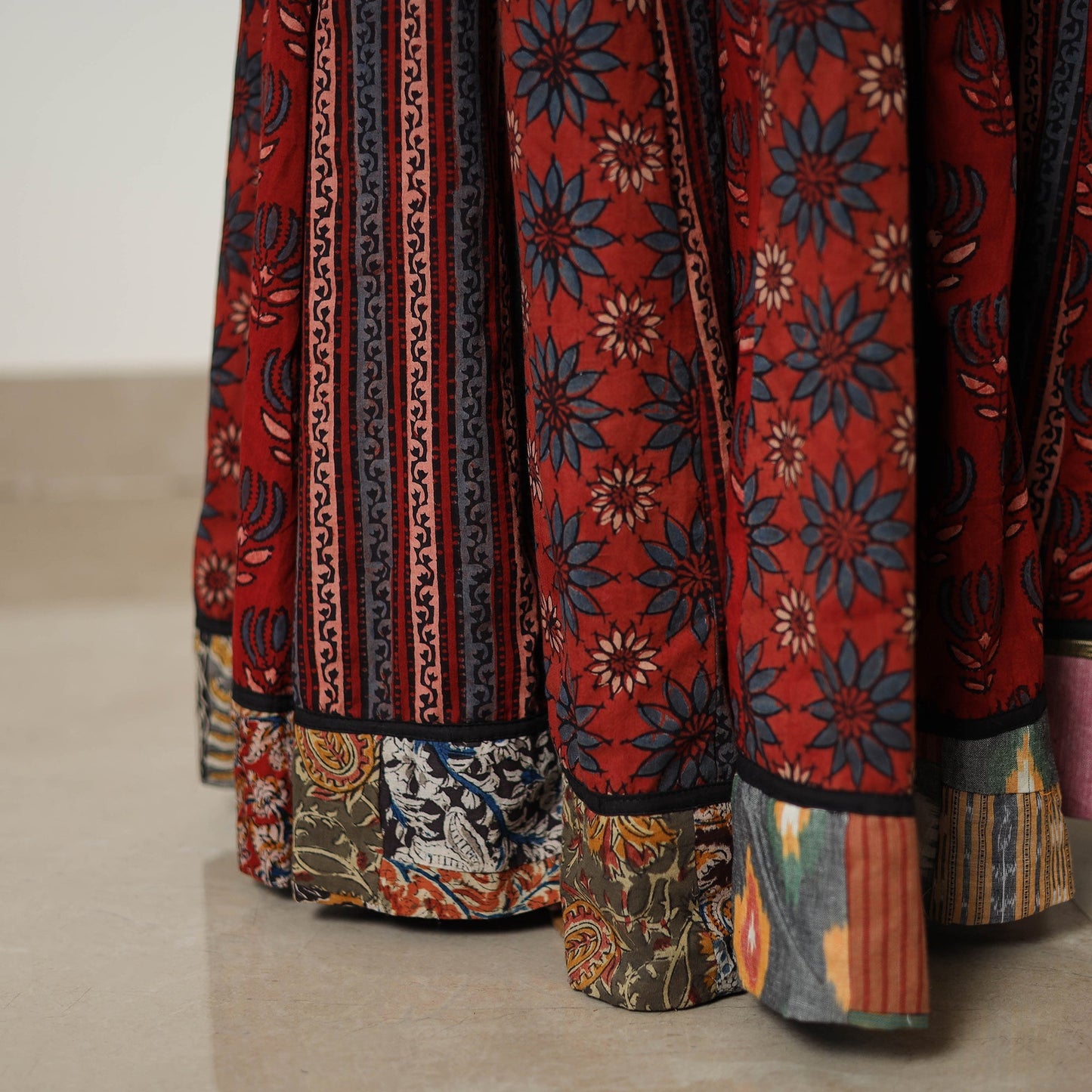 Shop Red Hand Block Print Patchwork Ajrakh Skirt
