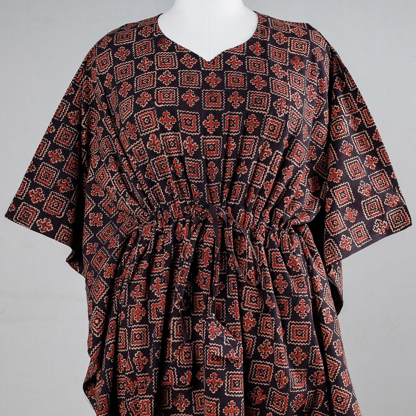 Red Block Print Cotton Ajrakh Kaftan
