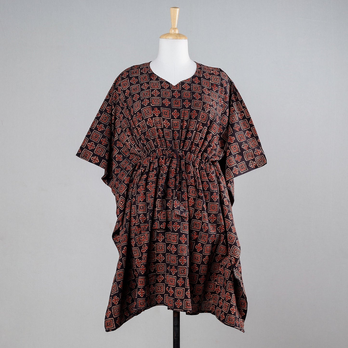 Red Block Print Cotton Ajrakh Kaftan