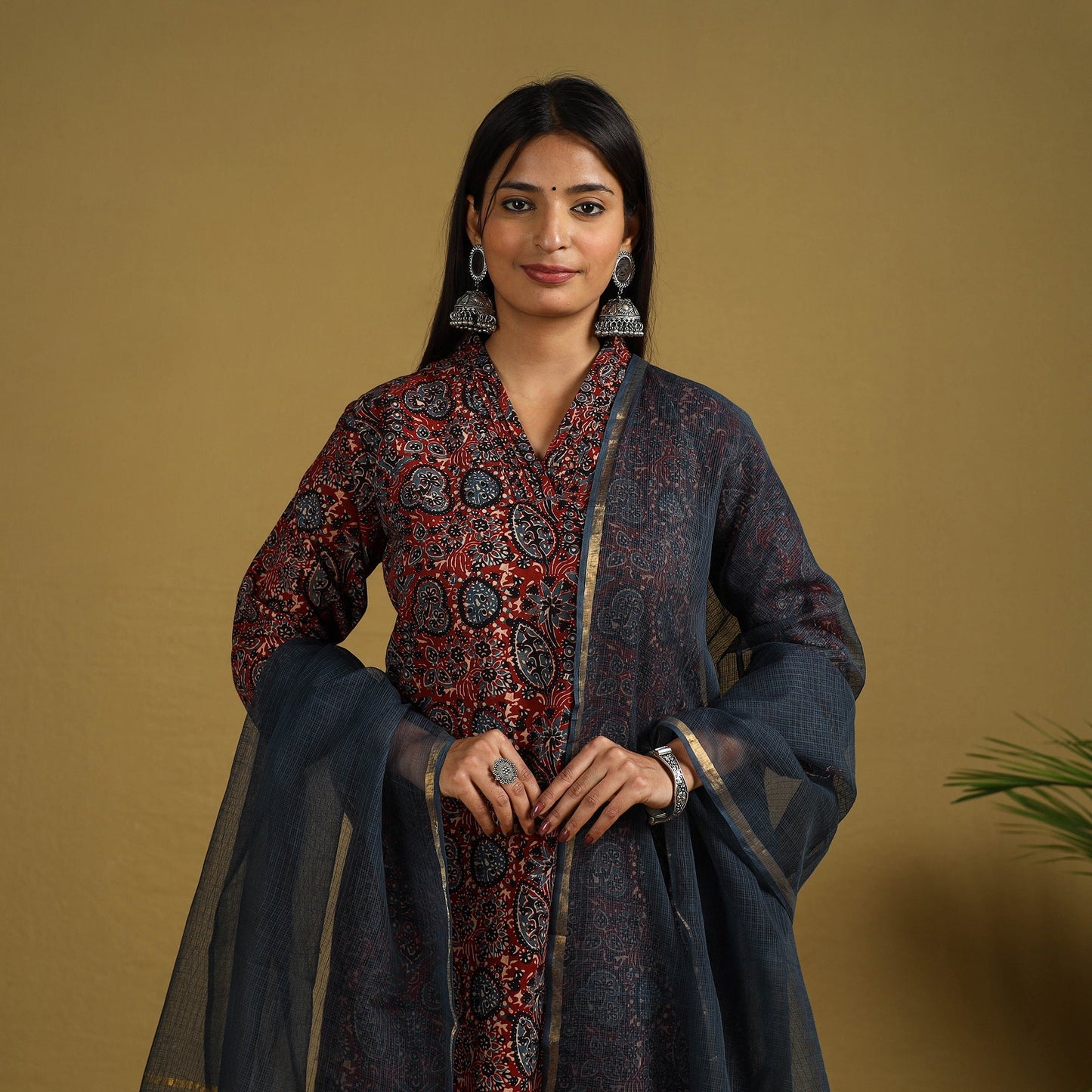 Red Block Print Cotton Ajrakh Kurta Set with Dupatta