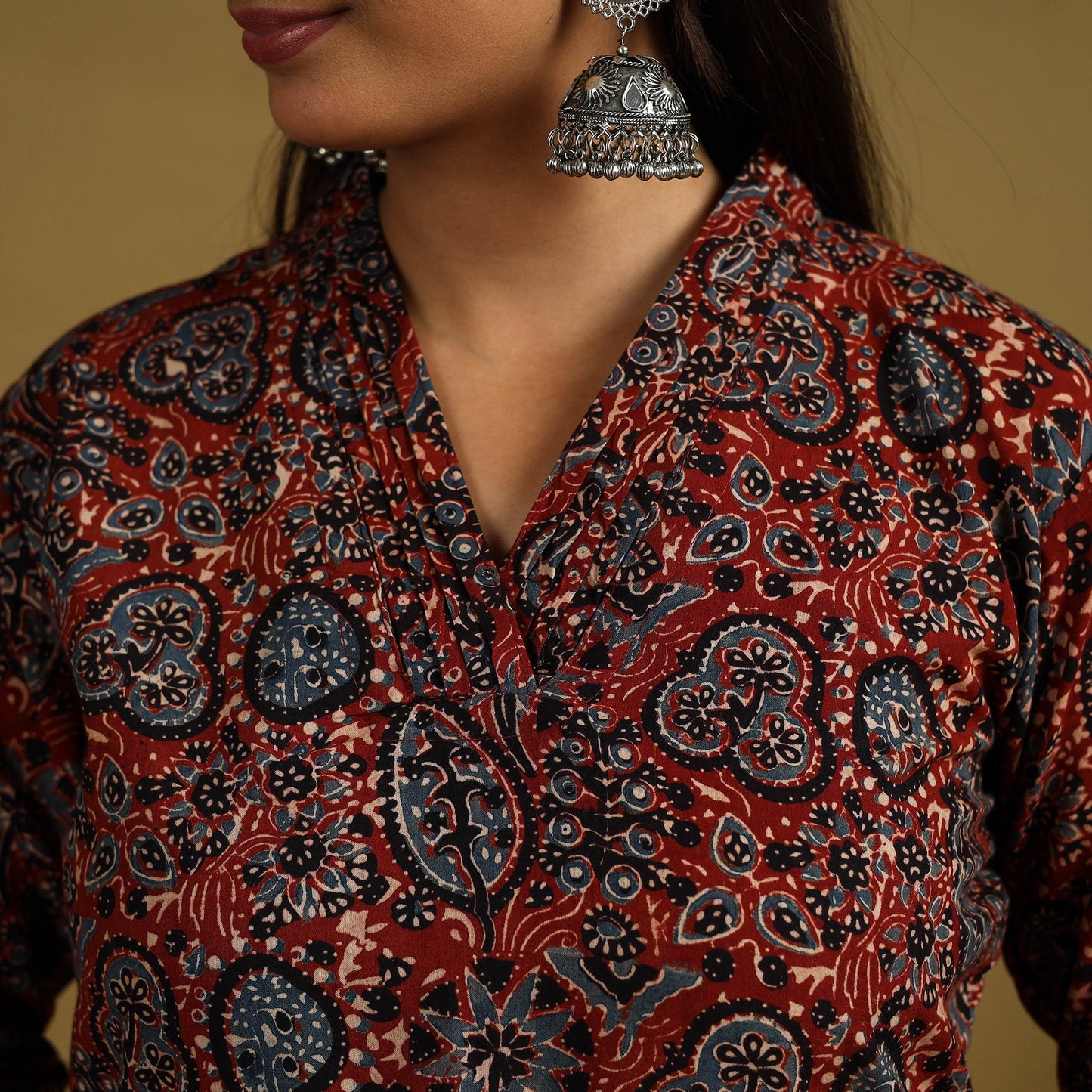 Red Block Print Cotton Ajrakh Kurta Set with Dupatta
