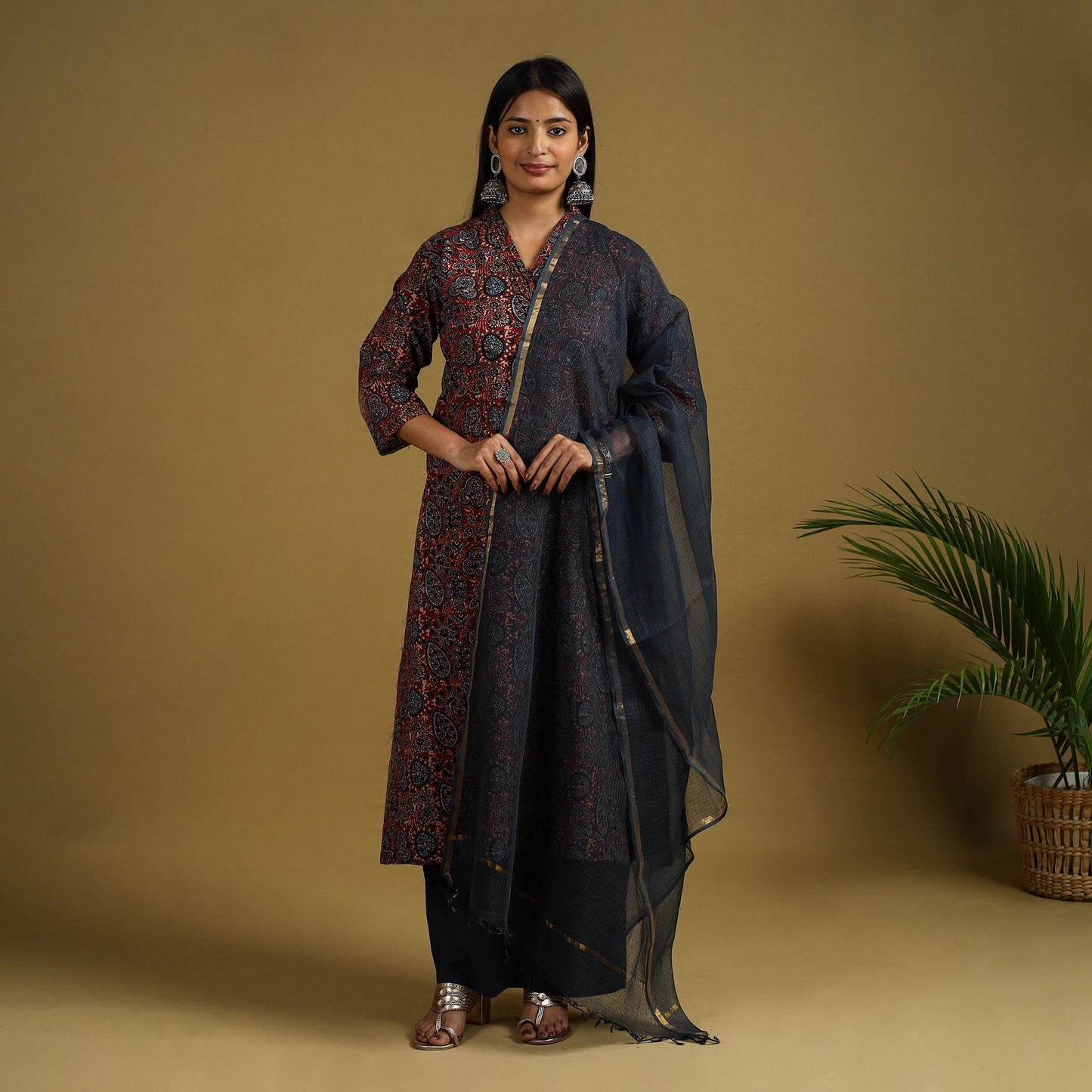 Red Block Print Cotton Ajrakh Kurta Set with Dupatta
