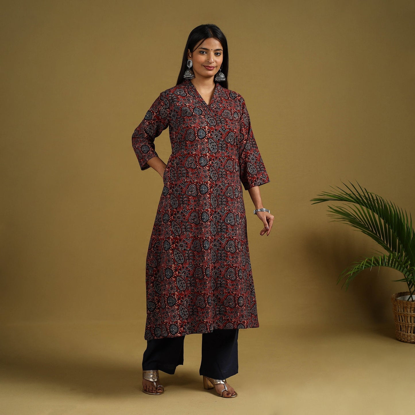 Red Block Print Cotton Ajrakh Kurta Set with Dupatta