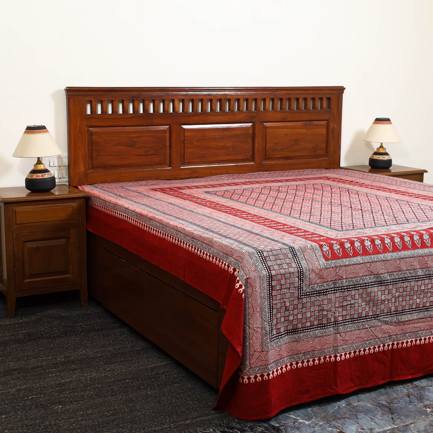 Red Block Print Cotton Bagh Double Bed Sheet Online