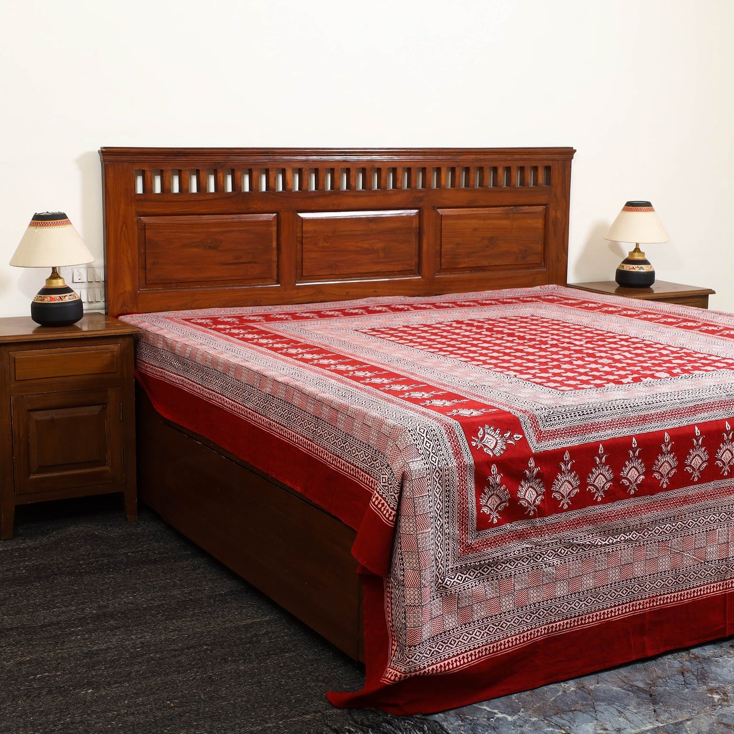 Red Block Print Cotton Bagh Double Bed Sheet