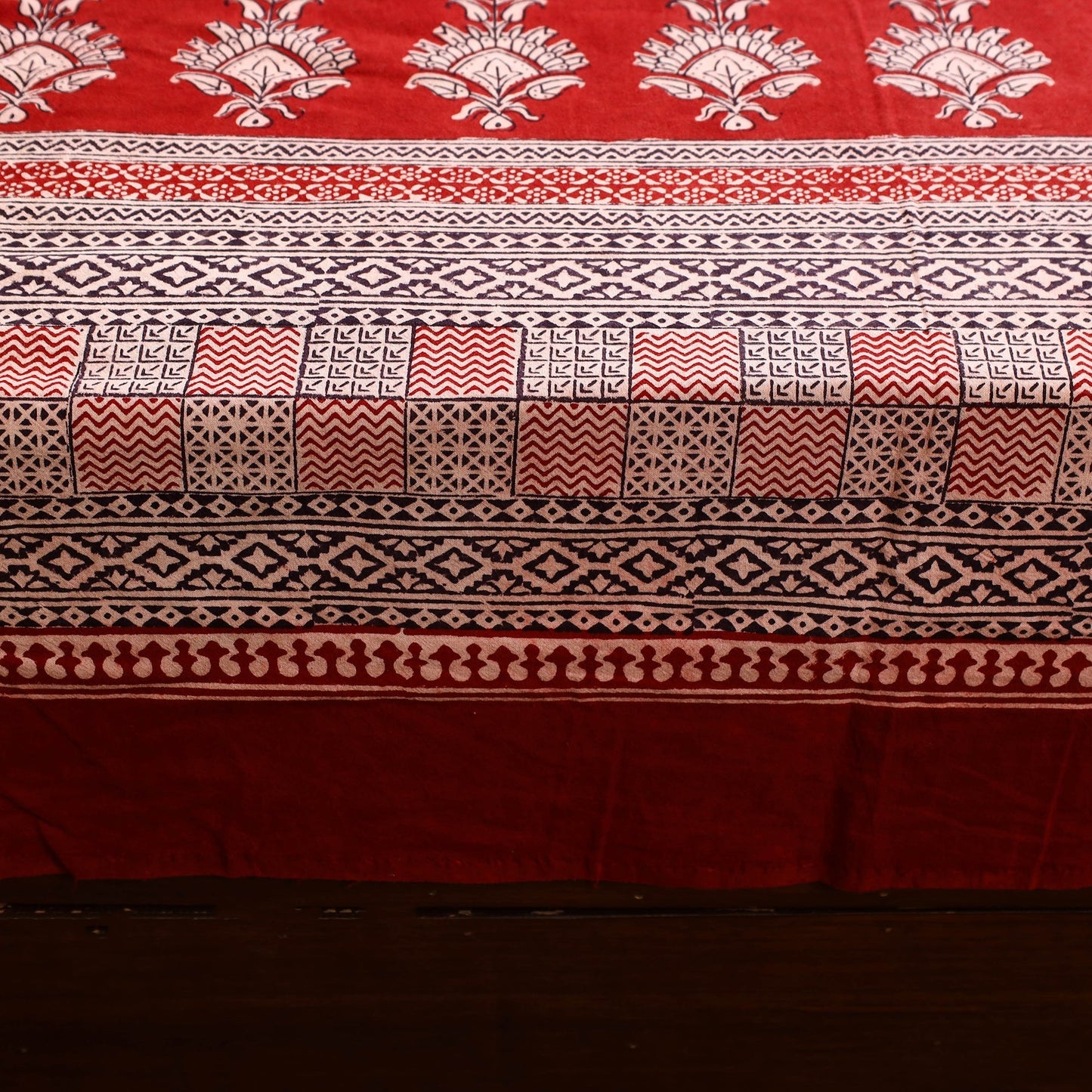 Red Block Print Cotton Bagh Double Bed Sheet