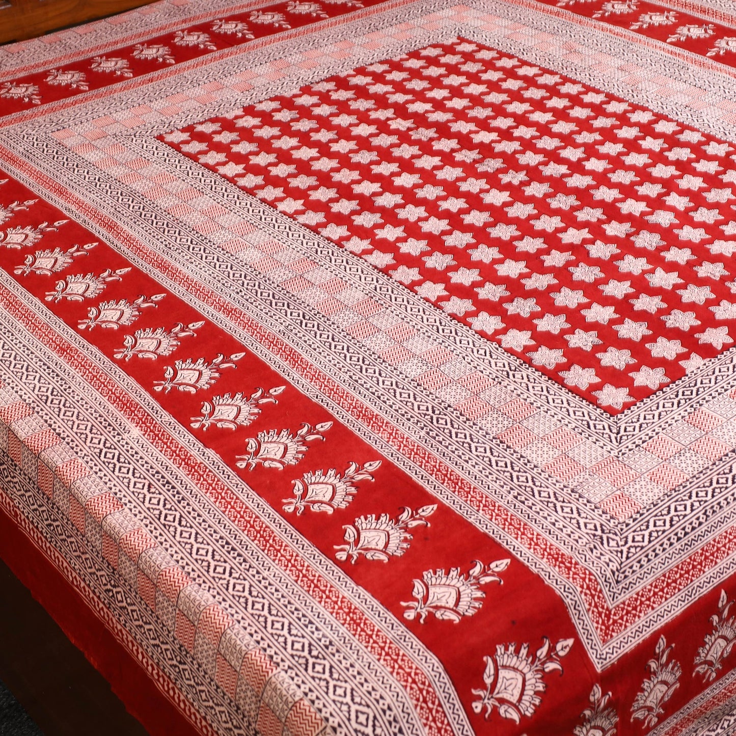 Red Block Print Cotton Bagh Double Bed Sheet
