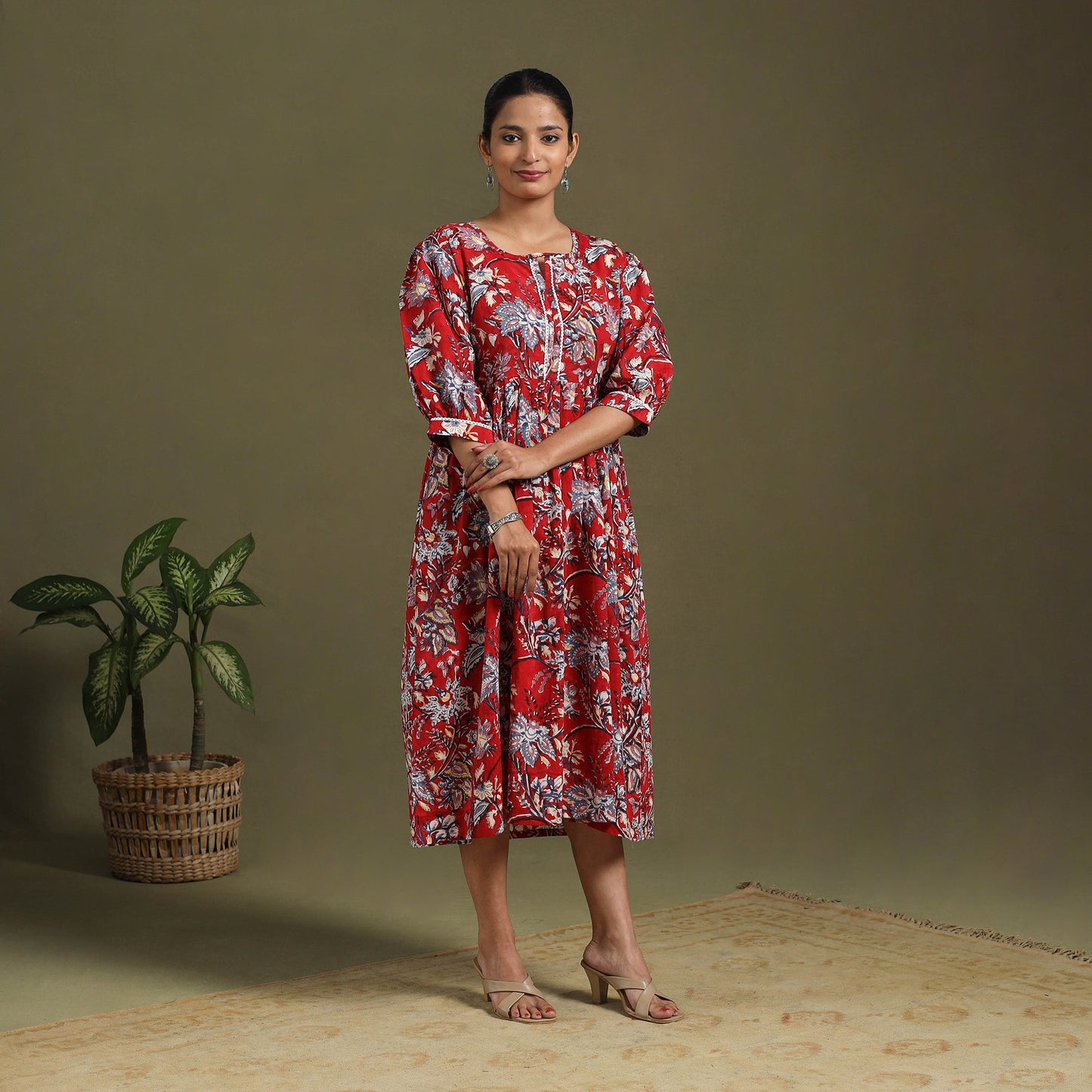 Red - block print cotton flared sanganeri dress 05