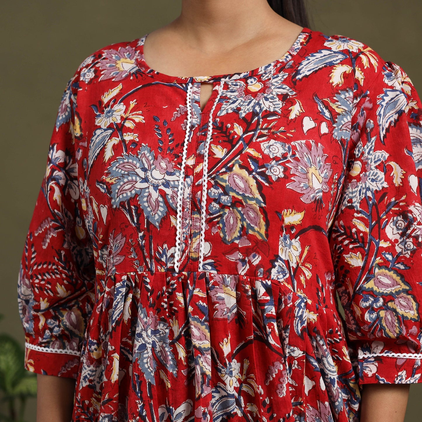 Red - block print cotton flared sanganeri dress 05
