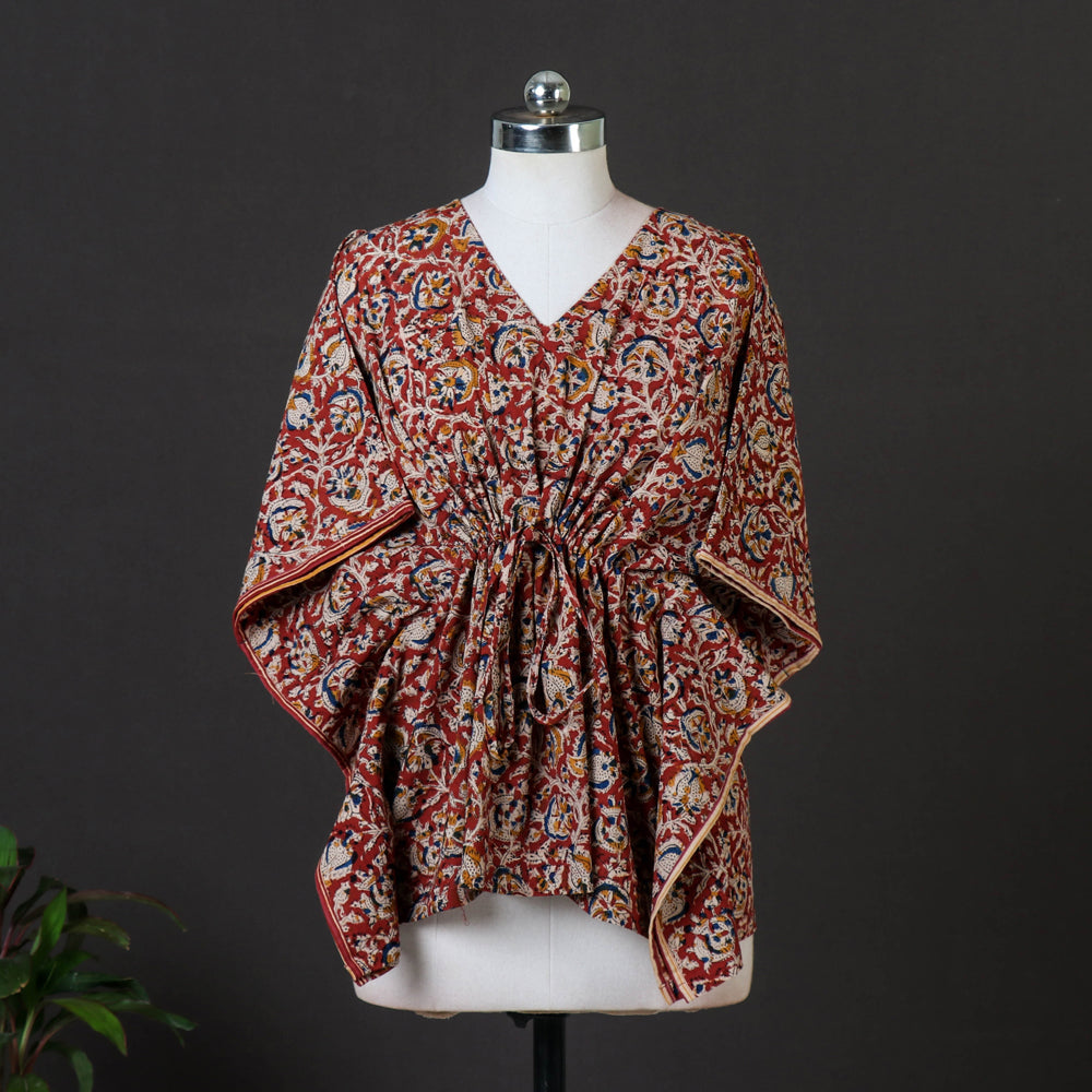 Red - cotton kalamkari kaftan with tie-up waist (short)